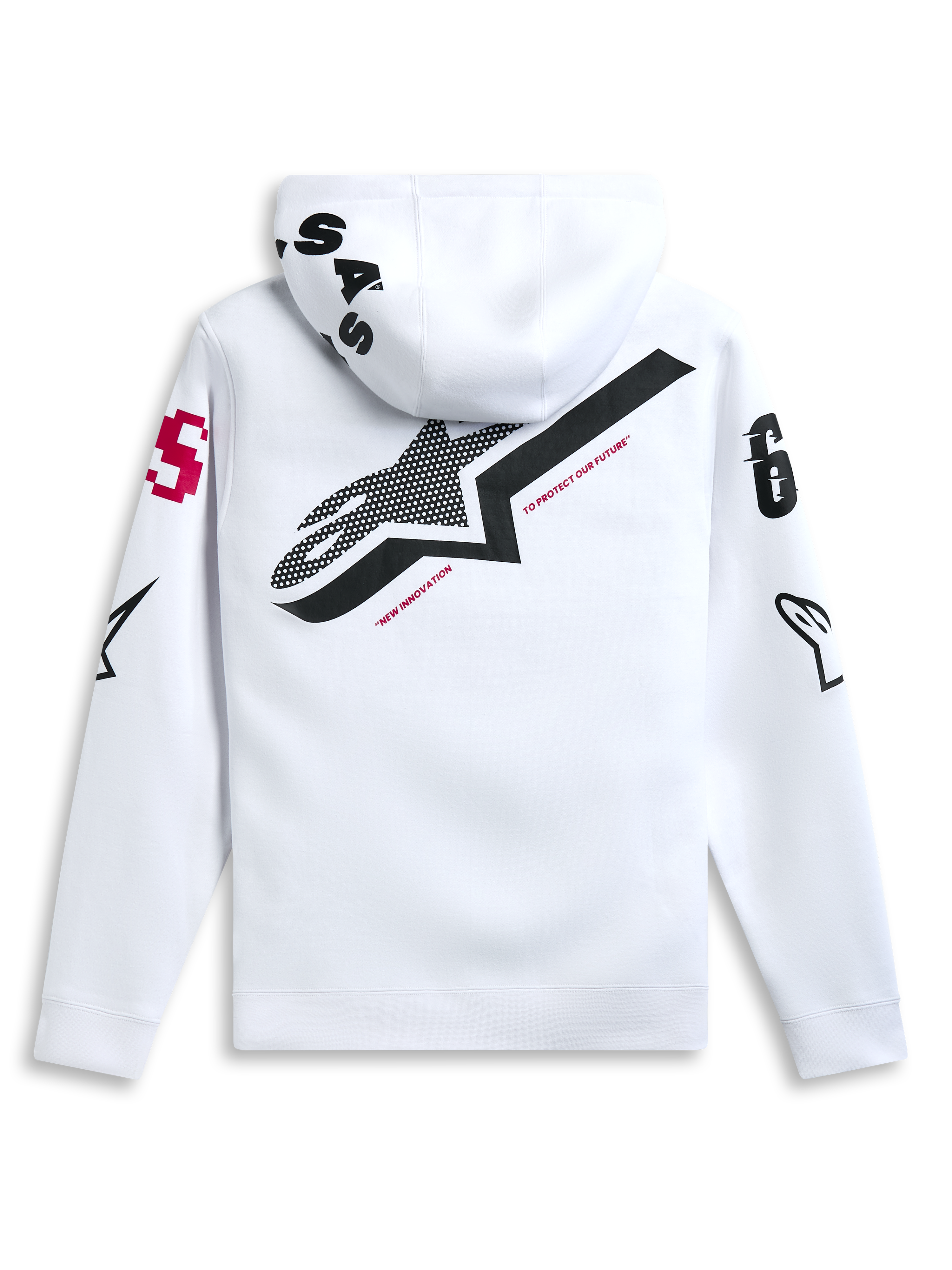 Felpa con cappuccio Alpinestars Variegate, bianco, vista posteriore con grande logo a stella nero e testo rosso 'New Innovation', grafica multi-logo su maniche e cappuccio, streetwear casual ispirato al motorsport