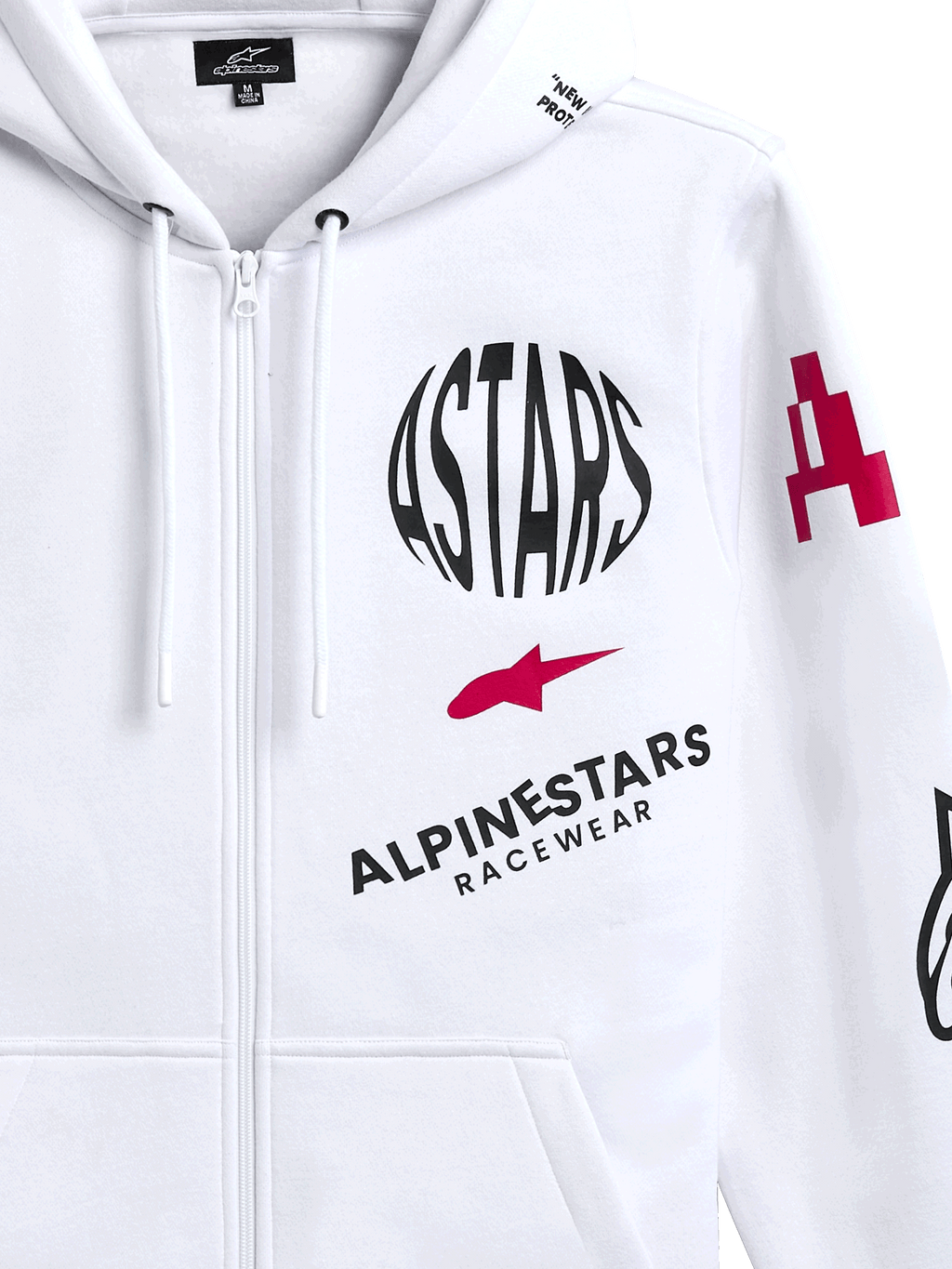 Alpinestars Felpa con cappuccio Variegate, felpa bianca in pile con zip frontale, caratterizzata da logo ASTARS circolare nero, simbolo della stella rossa e marchio Alpinestars Racewear sul petto, streetwear casual motorsport
