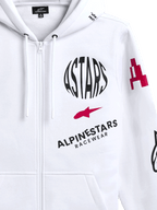 Alpinestars Felpa con cappuccio Variegate, felpa bianca in pile con zip frontale, caratterizzata da logo ASTARS circolare nero, simbolo della stella rossa e marchio Alpinestars Racewear sul petto, streetwear casual motorsport