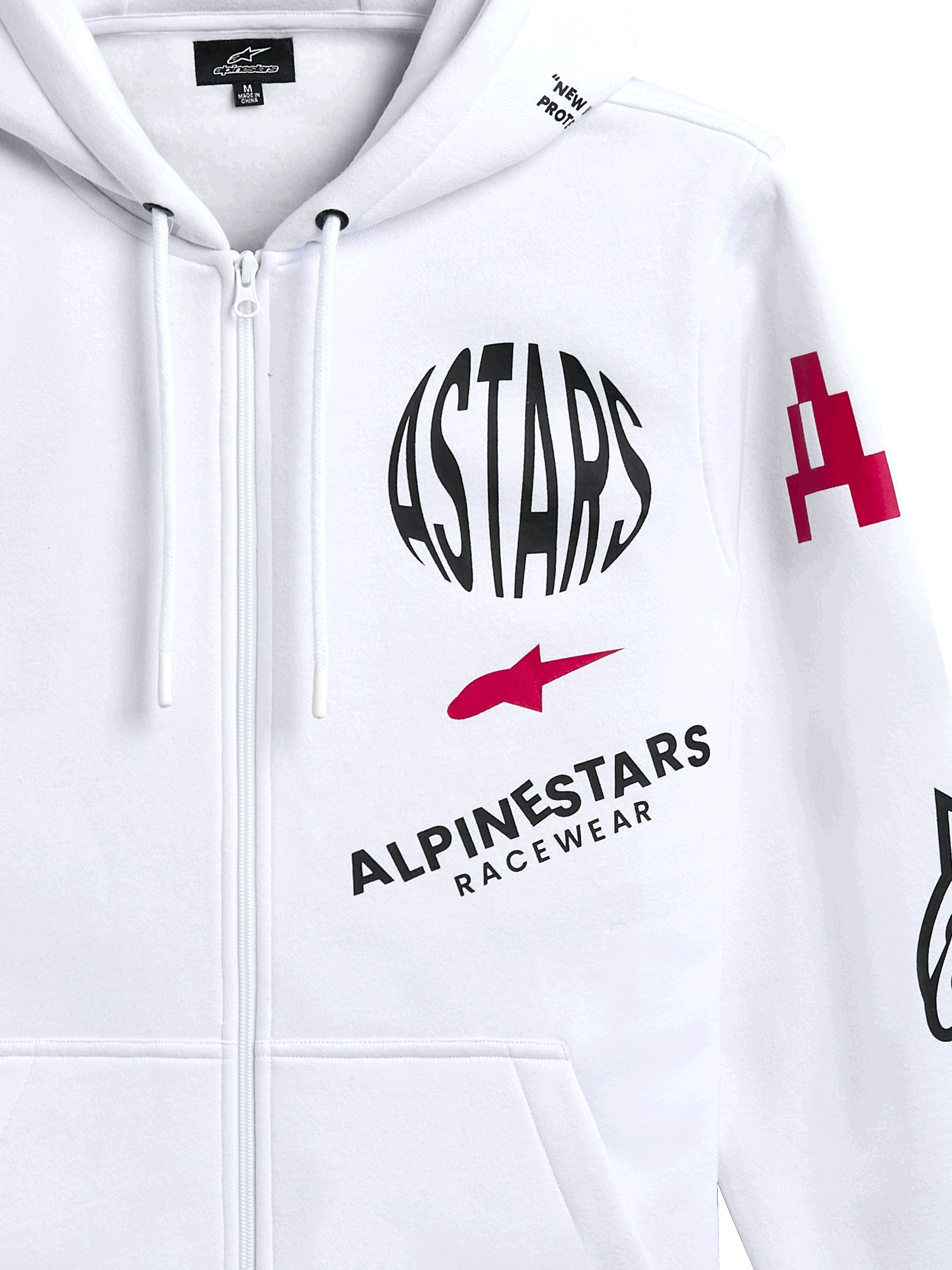 Alpinestars Felpa con cappuccio Variegate, felpa bianca in pile con zip frontale, caratterizzata da logo ASTARS circolare nero, simbolo della stella rossa e marchio Alpinestars Racewear sul petto, streetwear casual motorsport