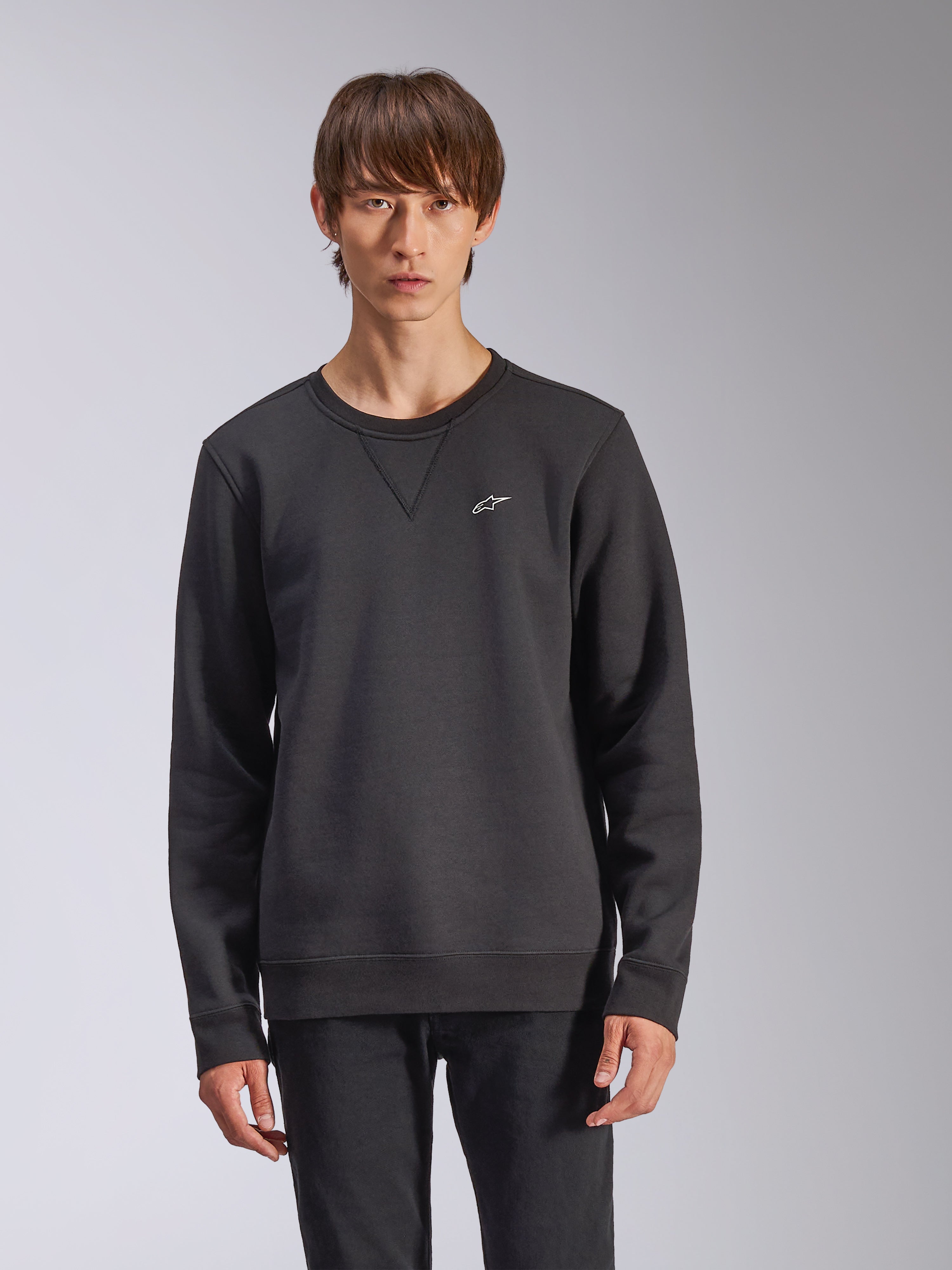 Felpa Alpinestars Positive Crew, nera, con un piccolo logo Alpinestars a stella bianco sul petto, dettaglio girocollo con cucitura a V, polsini e orlo a coste, streetwear casual ispirato al motorsport
