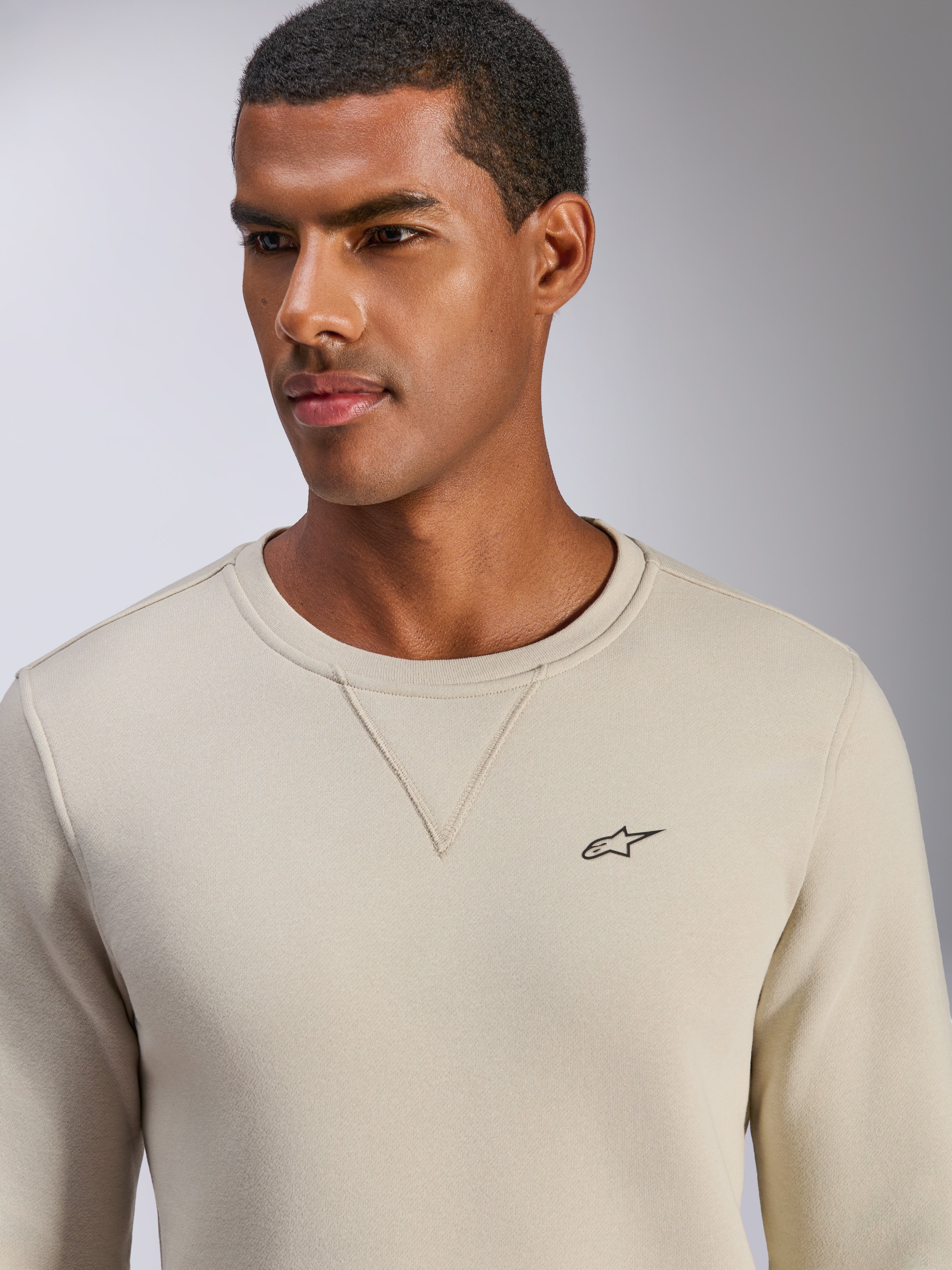 Felpa Alpinestars Positive Crew, bianco sporco, pullover a girocollo con piccolo logo a stella nero sul petto, dettaglio scollatura con cucitura a V, abbigliamento lifestyle casual ispirato al motorsport