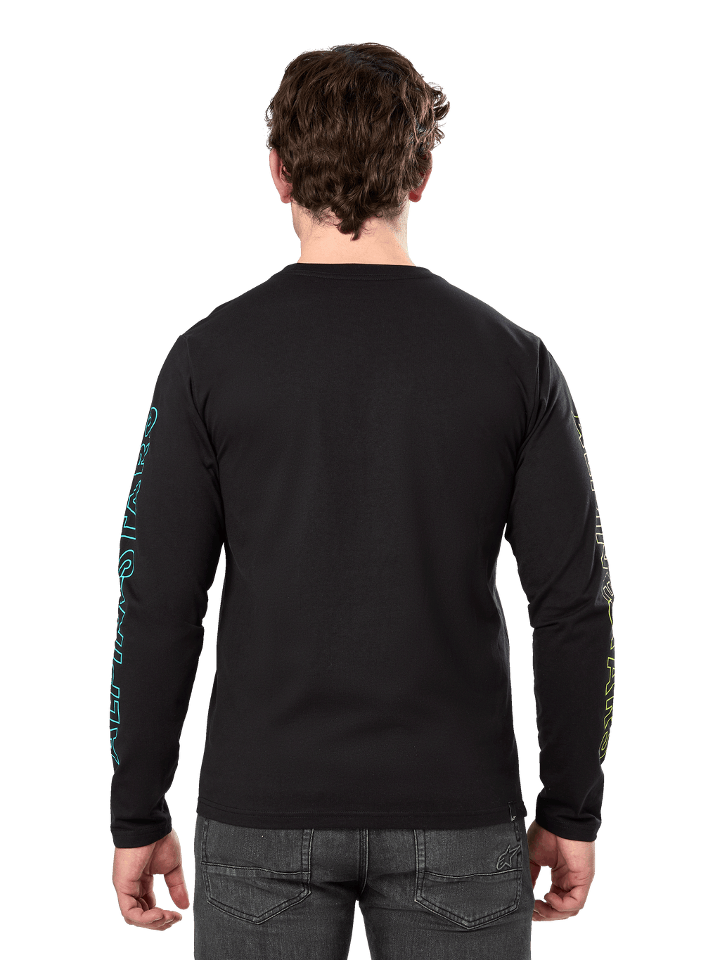 Alpinestars Ayess Csf Tee, maglietta a maniche lunghe, nero, vista posteriore con grafiche stampate blu e gialle sulle maniche, streetwear casual da motorsport