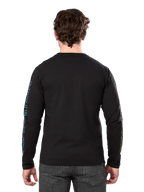 Alpinestars Ayess Csf Tee, maglietta a maniche lunghe, nero, vista posteriore con grafiche stampate blu e gialle sulle maniche, streetwear casual da motorsport
