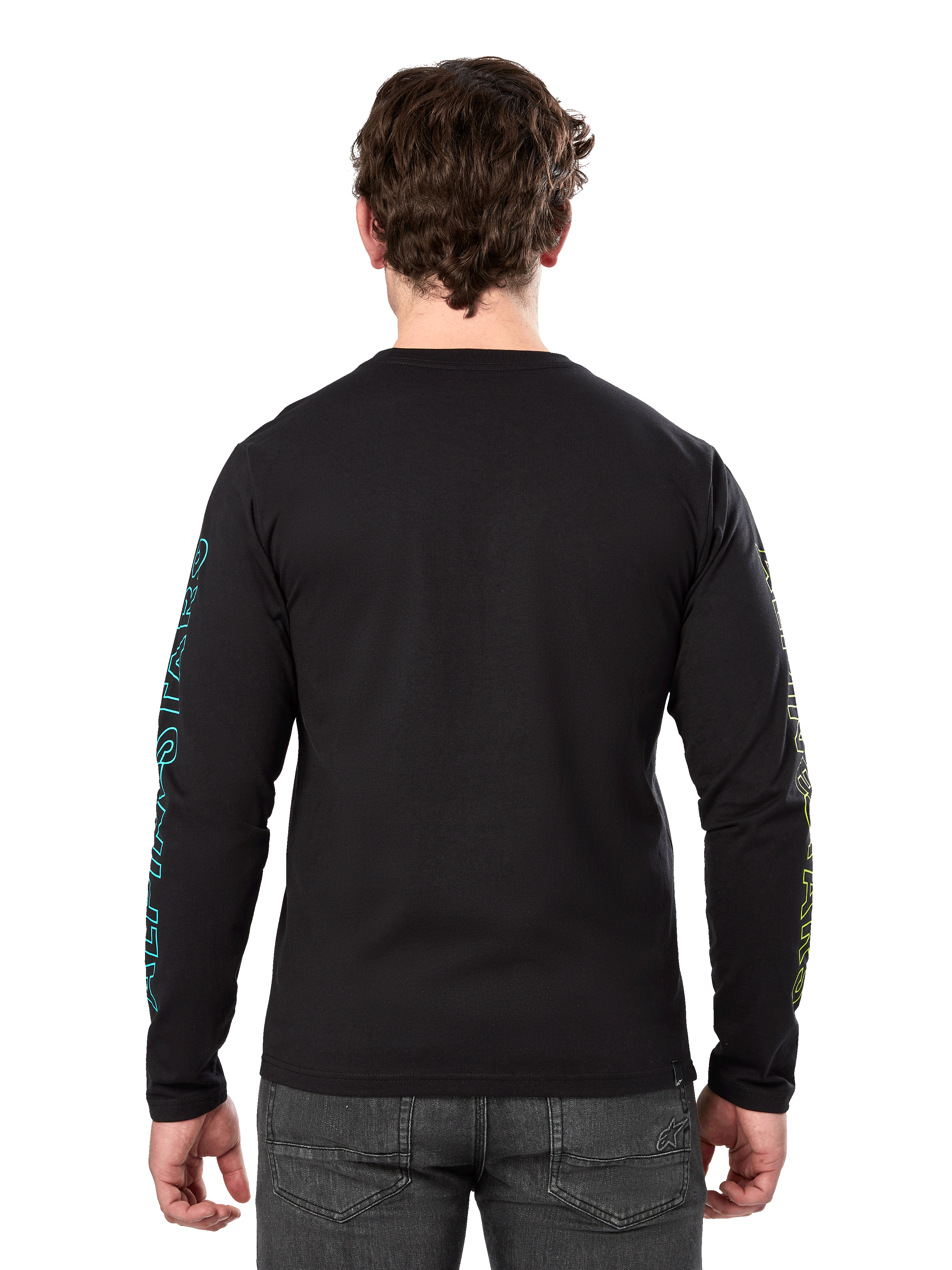 Alpinestars Ayess Csf Tee, maglietta a maniche lunghe, nero, vista posteriore con grafiche stampate blu e gialle sulle maniche, streetwear casual da motorsport
