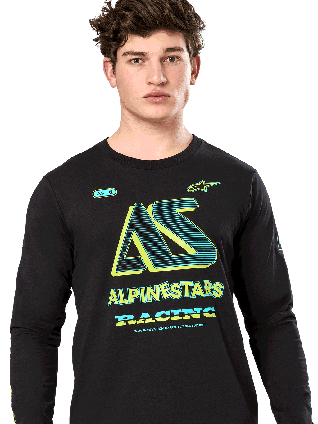 Alpinestars Ayess Csf Tee, maglietta a maniche lunghe, nero, grafica AS stilizzata con accenti giallo neon e ottanio, branding ALPINESTARS RACING, streetwear casual da motorsport