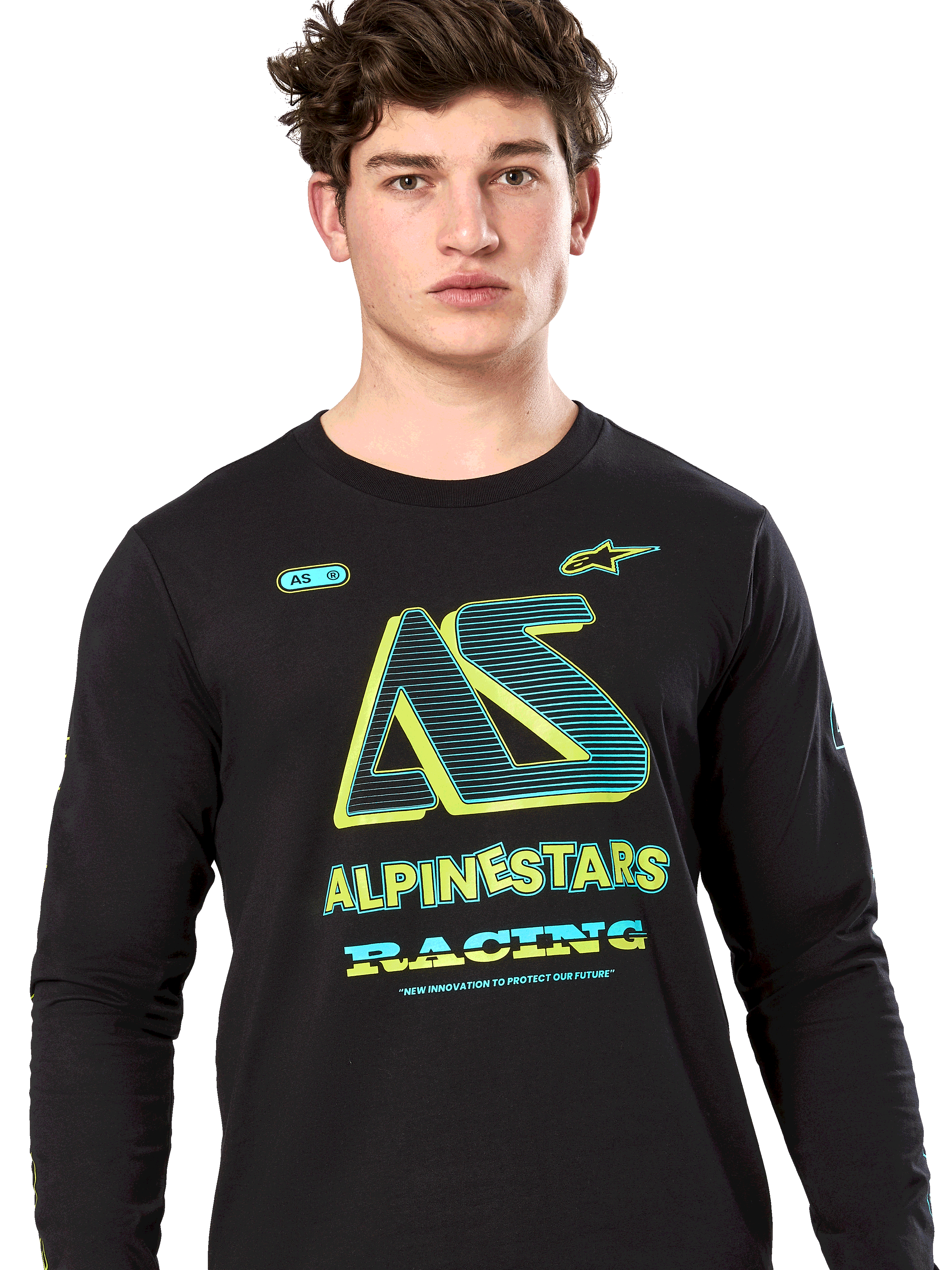Alpinestars Ayess Csf Tee, maglietta a maniche lunghe, nero, grafica AS stilizzata con accenti giallo neon e ottanio, branding ALPINESTARS RACING, streetwear casual da motorsport