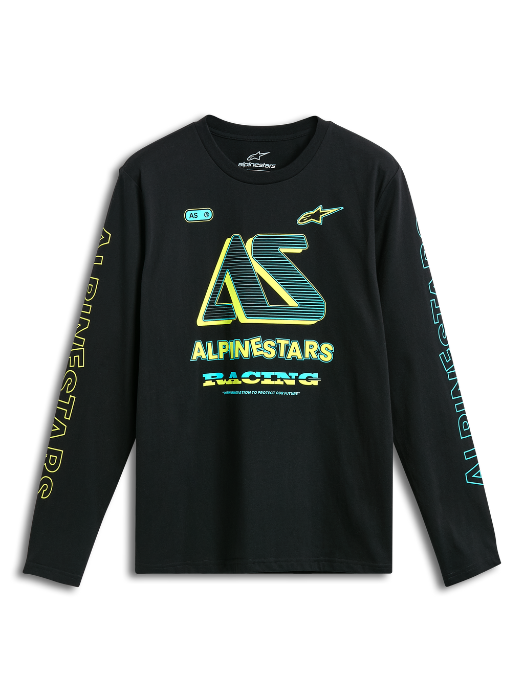 Alpinestars T-Shirt Ayess CSF, maglietta a maniche lunghe nera con grafica del logo giallo e blu sul petto e sulle maniche, sportswear casual