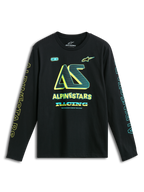 Alpinestars T-Shirt Ayess CSF, maglietta a maniche lunghe nera con grafica del logo giallo e blu sul petto e sulle maniche, sportswear casual