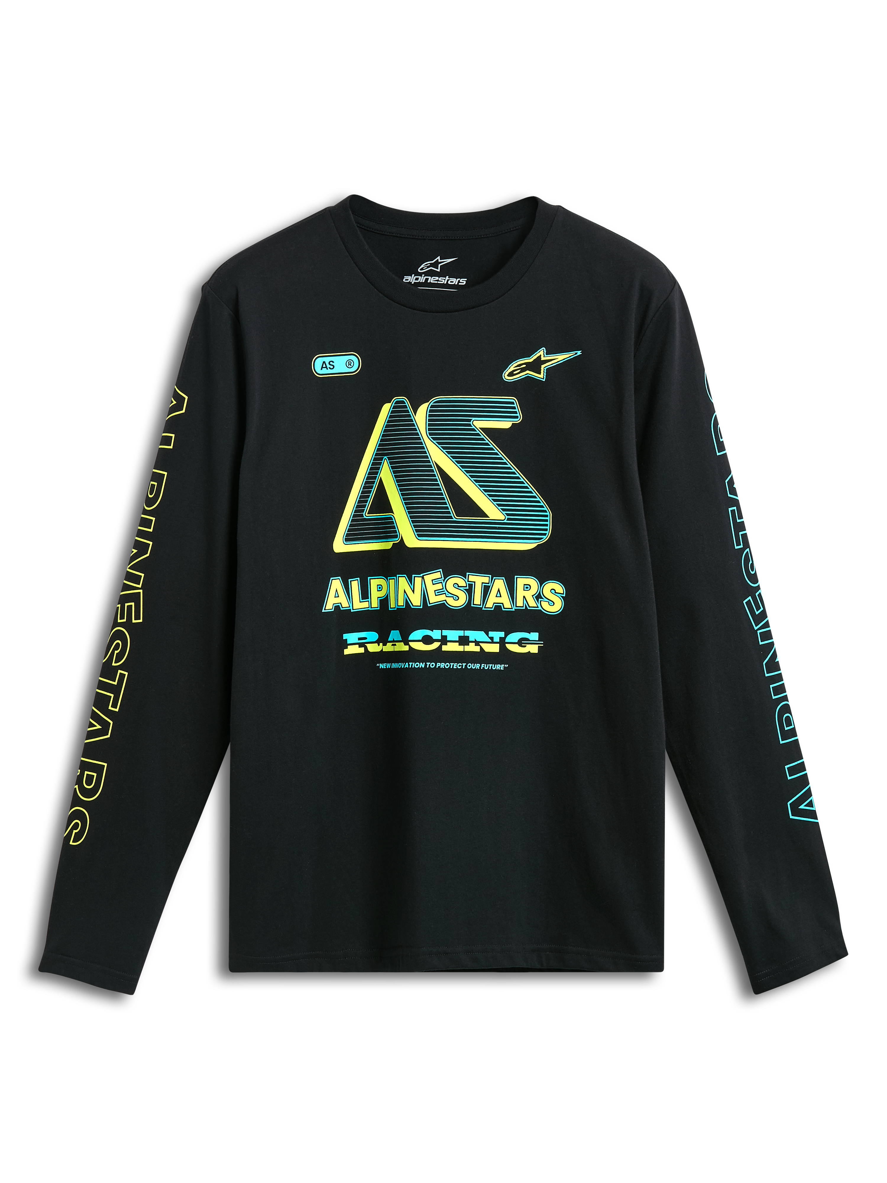Alpinestars T-Shirt Ayess CSF, maglietta a maniche lunghe nera con grafica del logo giallo e blu sul petto e sulle maniche, sportswear casual