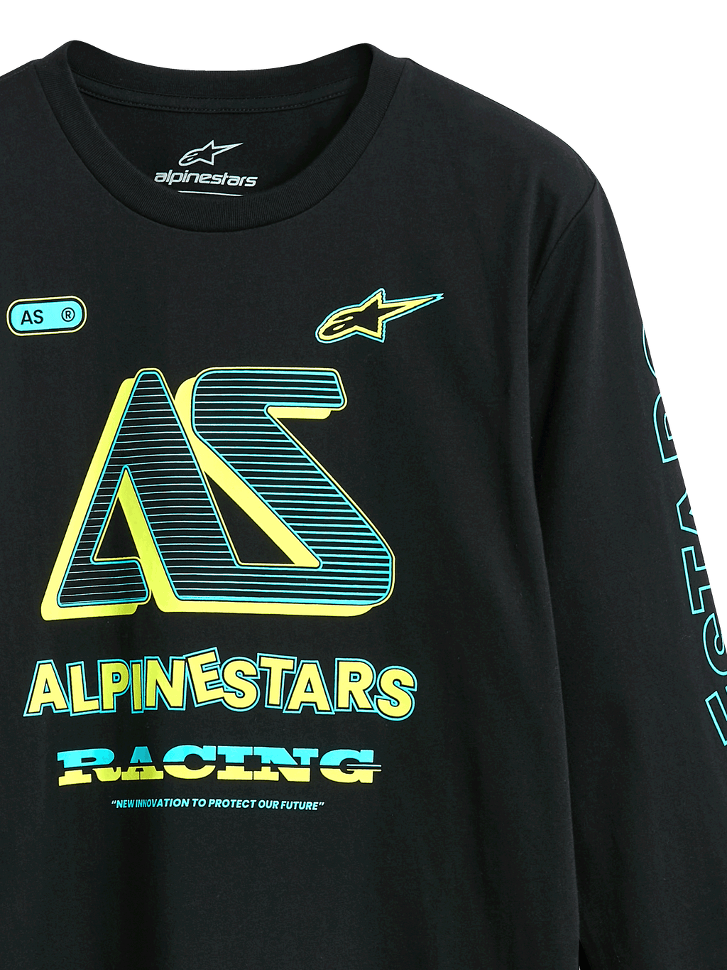 Alpinestars Ayess CSF Tee, maglietta a maniche lunghe, nero, grafica frontale con logo 'AS' e 'Alpinestars Racing' in giallo e ciano, streetwear casual ispirato al motorsport