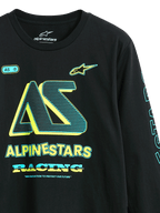 Alpinestars Ayess CSF Tee, maglietta a maniche lunghe, nero, grafica frontale con logo 'AS' e 'Alpinestars Racing' in giallo e ciano, streetwear casual ispirato al motorsport