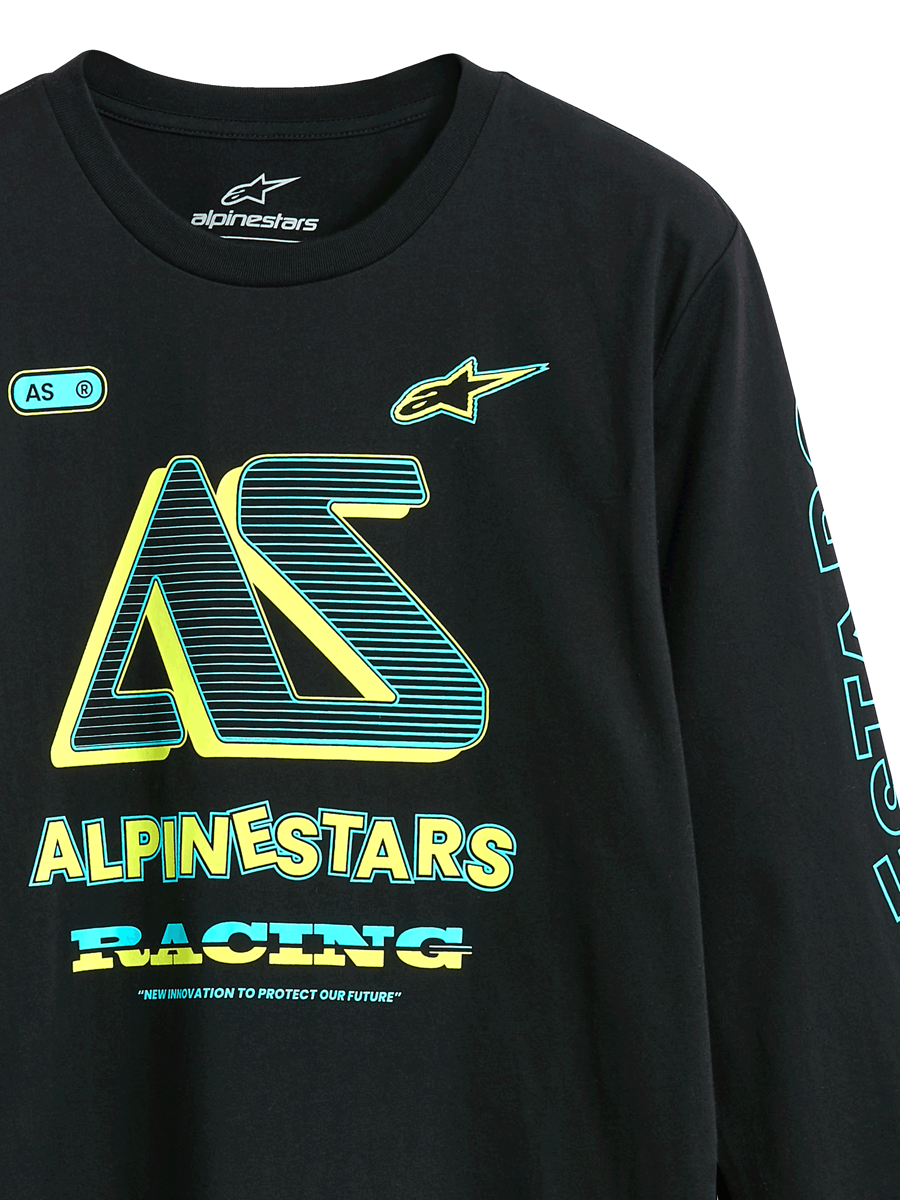 Alpinestars Ayess CSF Tee, maglietta a maniche lunghe, nero, grafica frontale con logo 'AS' e 'Alpinestars Racing' in giallo e ciano, streetwear casual ispirato al motorsport