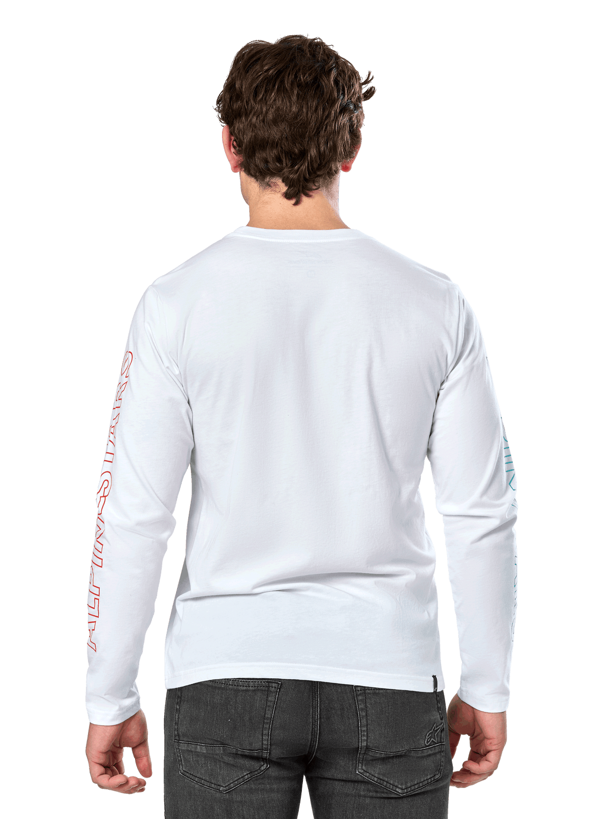 Alpinestars Ayess Csf Tee, maglietta a maniche lunghe, bianca, vista posteriore, con scritta Alpinestars rossa sulla manica destra e grafiche blu sulla manica sinistra, streetwear casual ispirato al motorsport