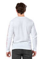 Alpinestars Ayess Csf Tee, maglietta a maniche lunghe, bianca, vista posteriore, con scritta Alpinestars rossa sulla manica destra e grafiche blu sulla manica sinistra, streetwear casual ispirato al motorsport