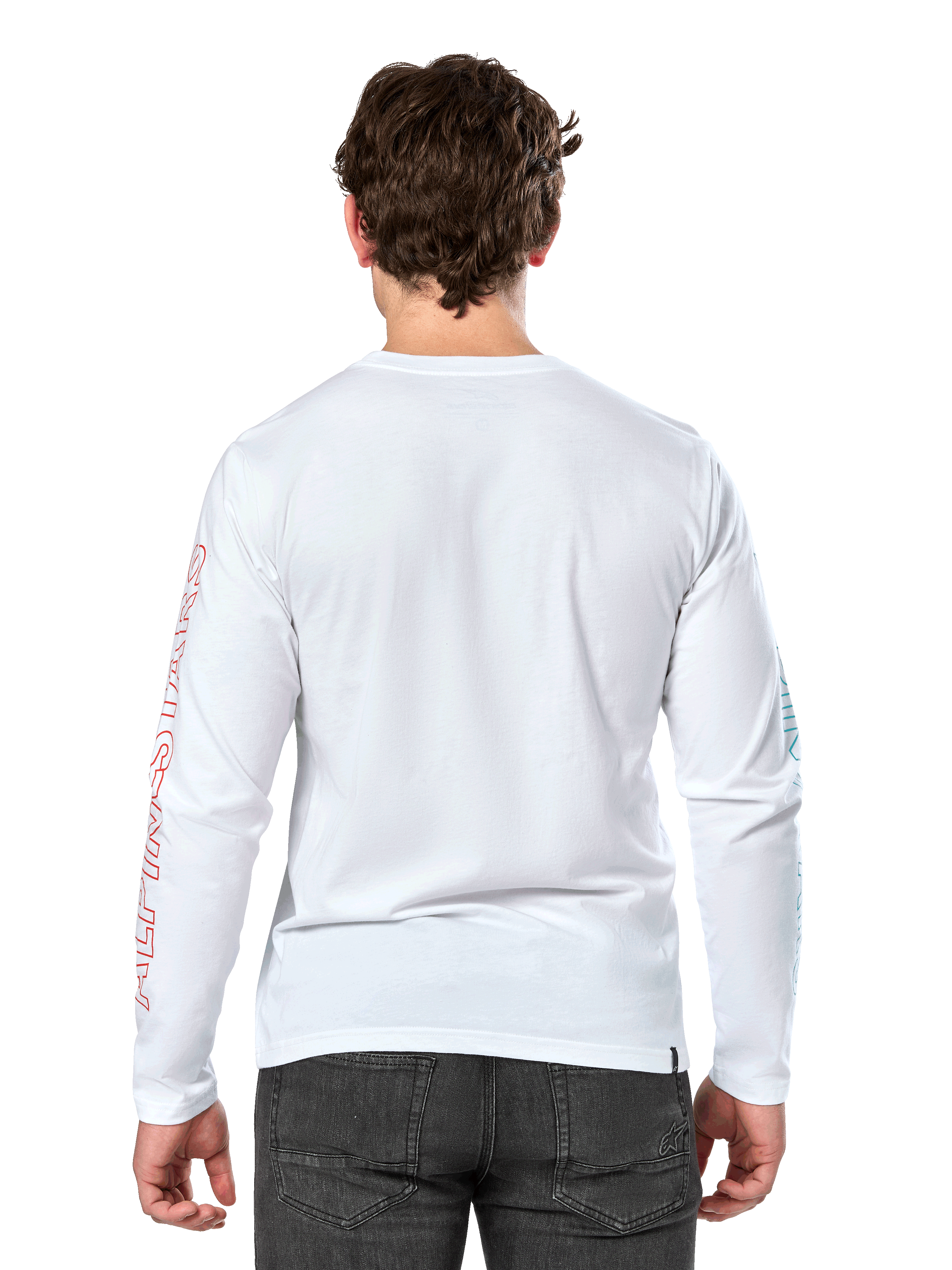 Alpinestars Ayess Csf Tee, maglietta a maniche lunghe, bianca, vista posteriore, con scritta Alpinestars rossa sulla manica destra e grafiche blu sulla manica sinistra, streetwear casual ispirato al motorsport