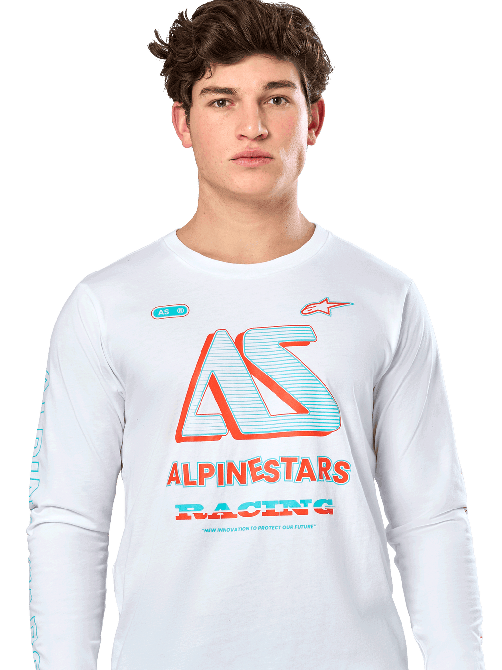 Alpinestars Ayess CSF Tee, maglietta a maniche lunghe, bianca, con grande grafica 'AS' color verde acqua e arancione e scritta 'ALPINESTARS RACING', streetwear casual ispirato al motorsport