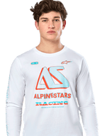 Alpinestars Ayess CSF Tee, maglietta a maniche lunghe, bianca, con grande grafica 'AS' color verde acqua e arancione e scritta 'ALPINESTARS RACING', streetwear casual ispirato al motorsport