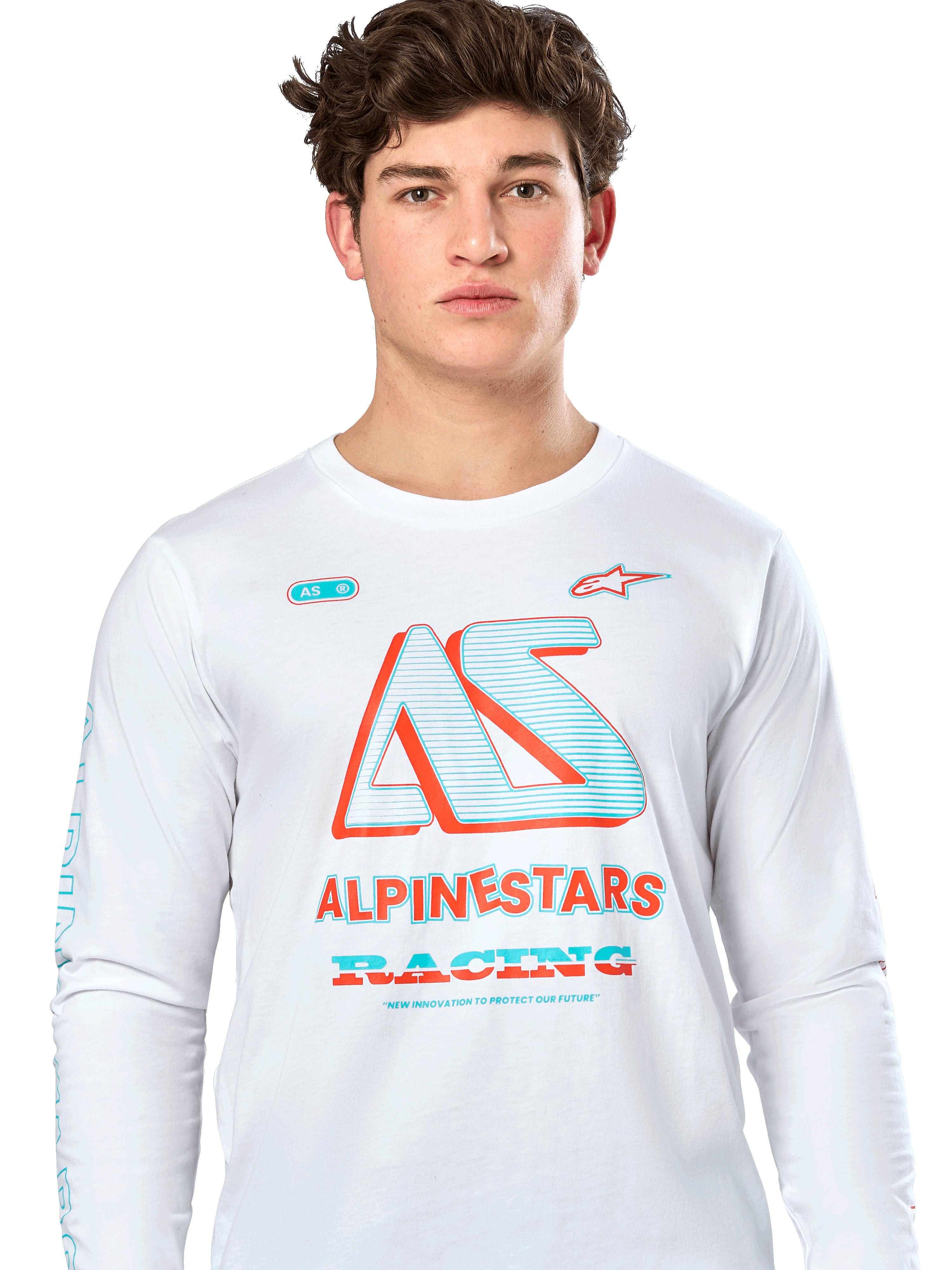 Alpinestars Ayess CSF Tee, maglietta a maniche lunghe, bianca, con grande grafica 'AS' color verde acqua e arancione e scritta 'ALPINESTARS RACING', streetwear casual ispirato al motorsport