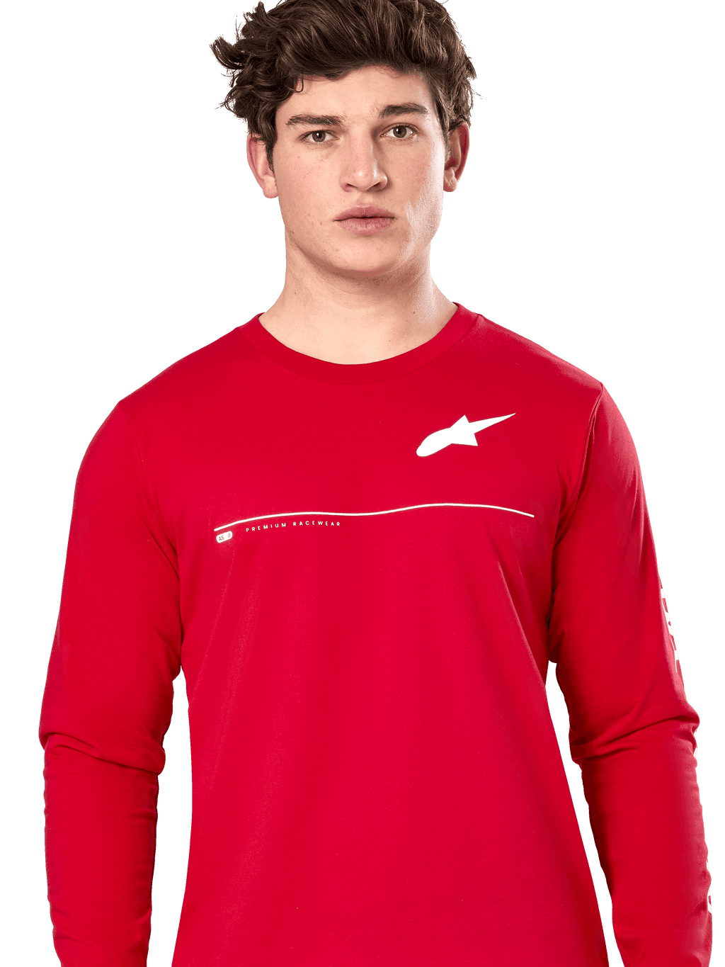 Alpinestars Committed CSF Tee, t-shirt a maniche lunghe, rosso, logo Astars bianco sul petto con linea orizzontale e scritta "Premium Racewear", indossata da un modello, streetwear casual ispirato al motorsport