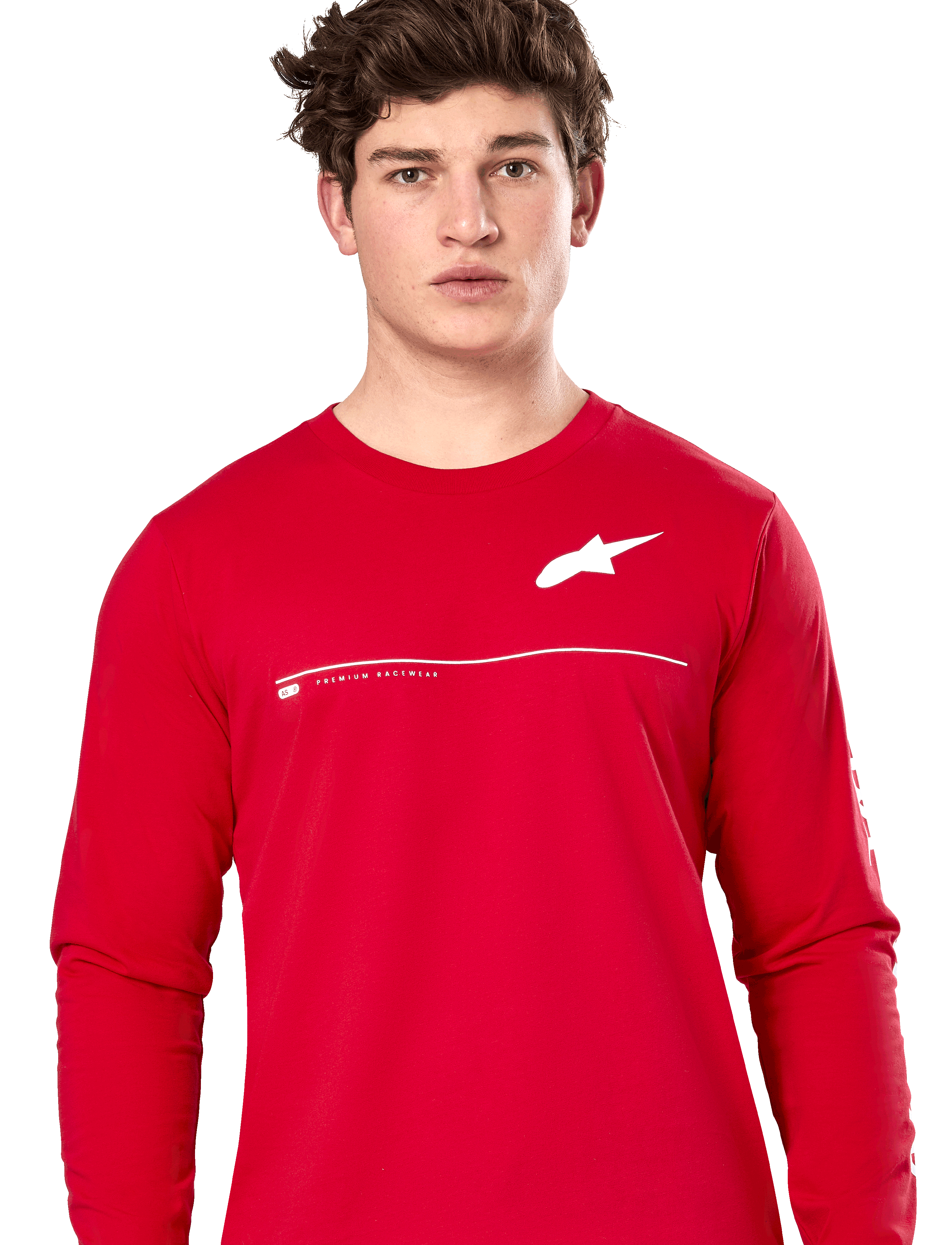 Alpinestars Committed CSF Tee, t-shirt a maniche lunghe, rosso, logo Astars bianco sul petto con linea orizzontale e scritta "Premium Racewear", indossata da un modello, streetwear casual ispirato al motorsport