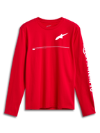 Alpinestars Committed CSF Tee, maglietta a maniche lunghe, rossa, logo Astars bianco sul petto e branding Alpinestars sulla manica, design casual ispirato al motorsport
