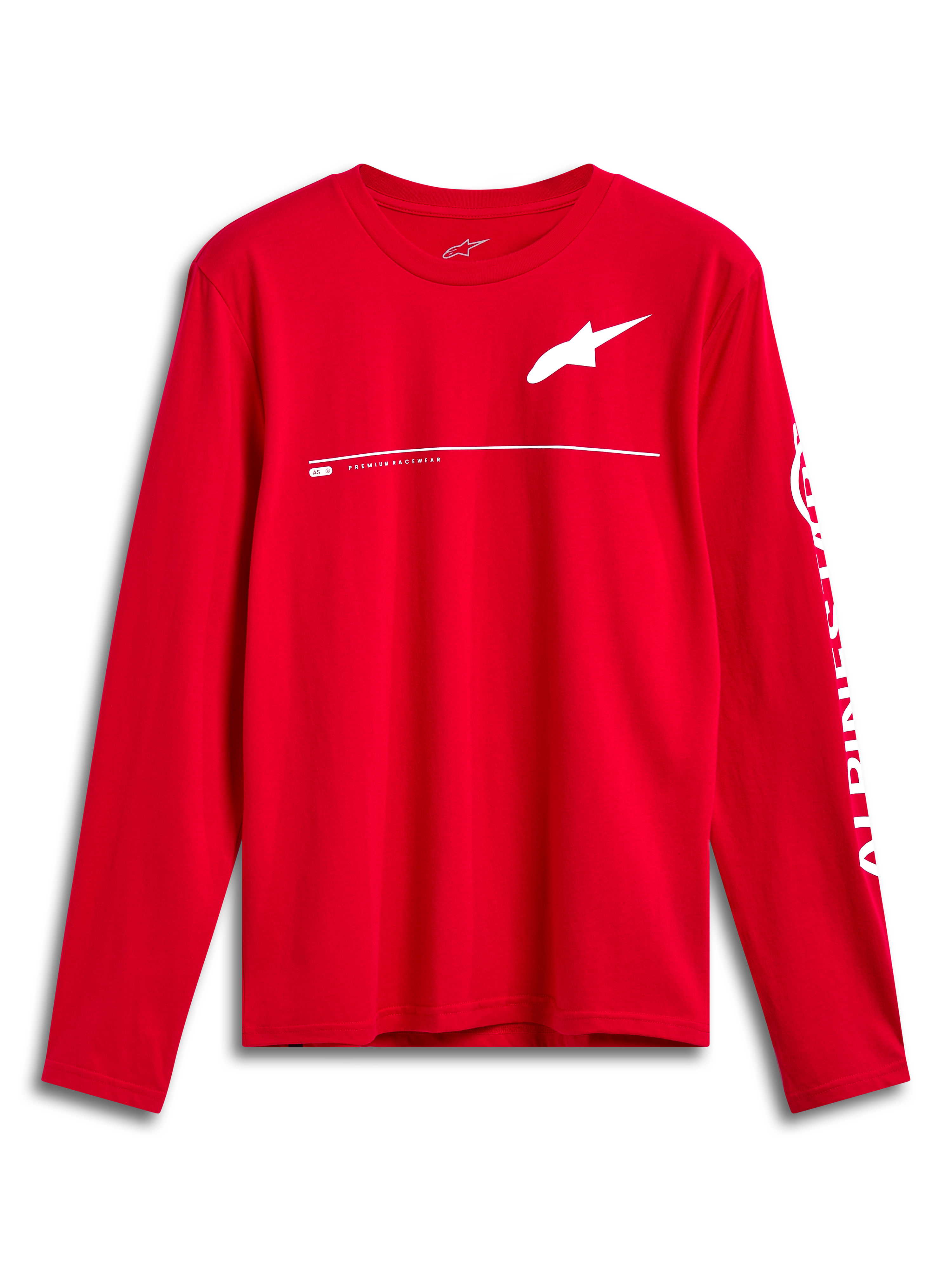 Alpinestars Committed CSF Tee, maglietta a maniche lunghe, rossa, logo Astars bianco sul petto e branding Alpinestars sulla manica, design casual ispirato al motorsport