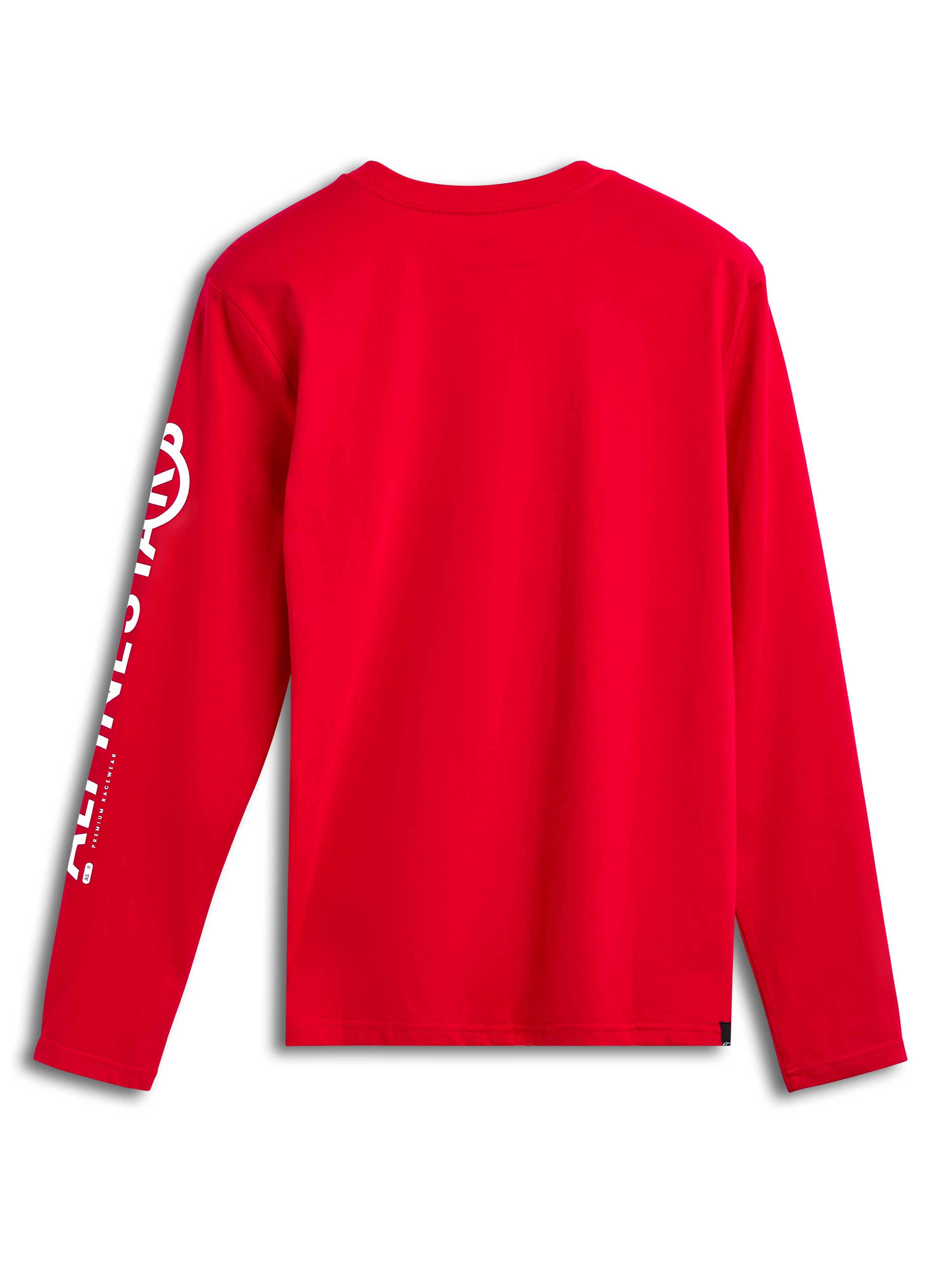 Alpinestars Committed CSF Tee, maglietta a maniche lunghe, rosso, vista posteriore, logo Alpinestars bianco verticale sulla manica, abbigliamento casual ispirato al motorsport