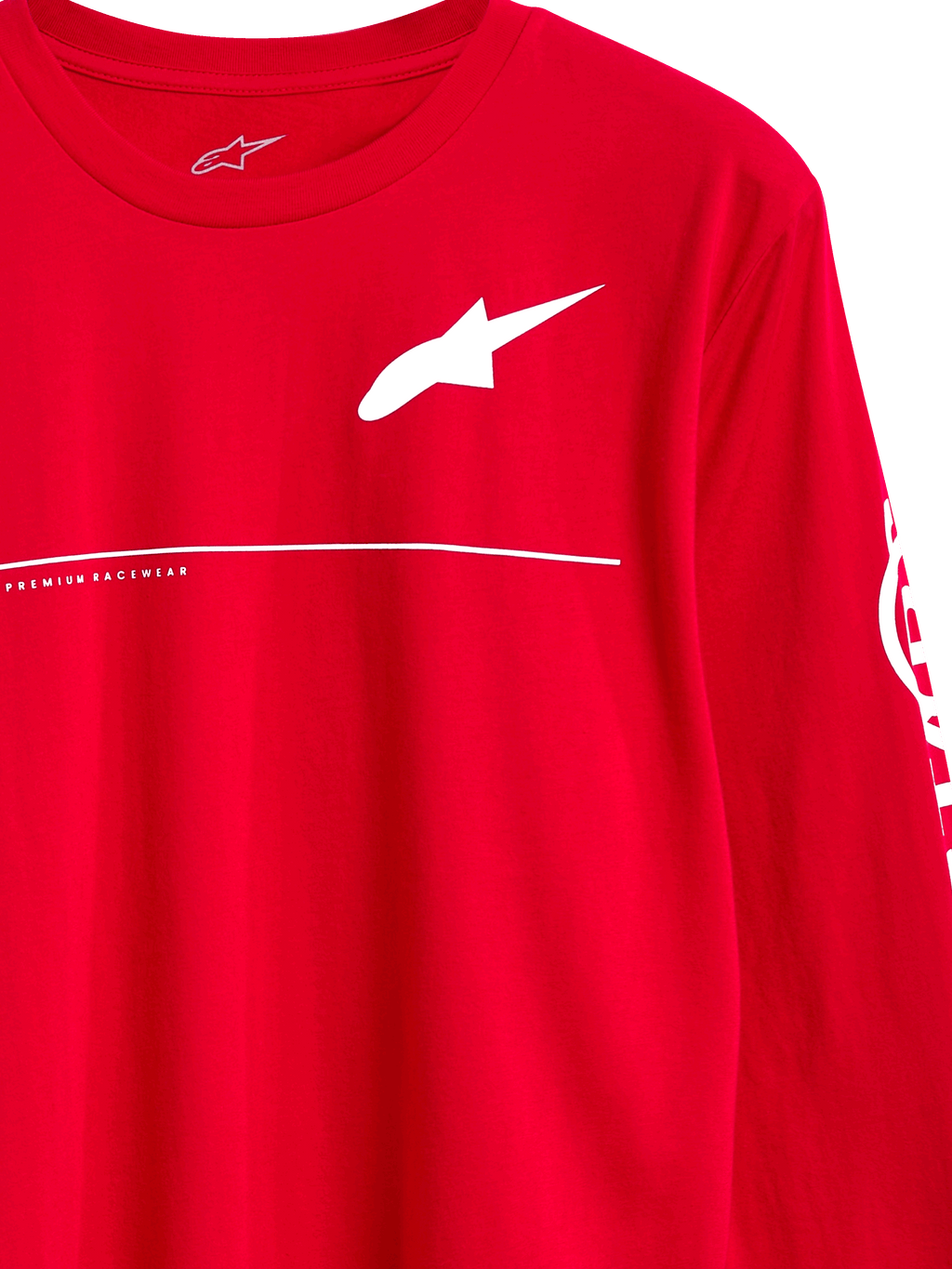 Alpinestars Committed CSF Tee, maglia a maniche lunghe, rosso, logo Astars bianco con scritta Premium Racewear e linea orizzontale, streetwear casual ispirato al motorsport