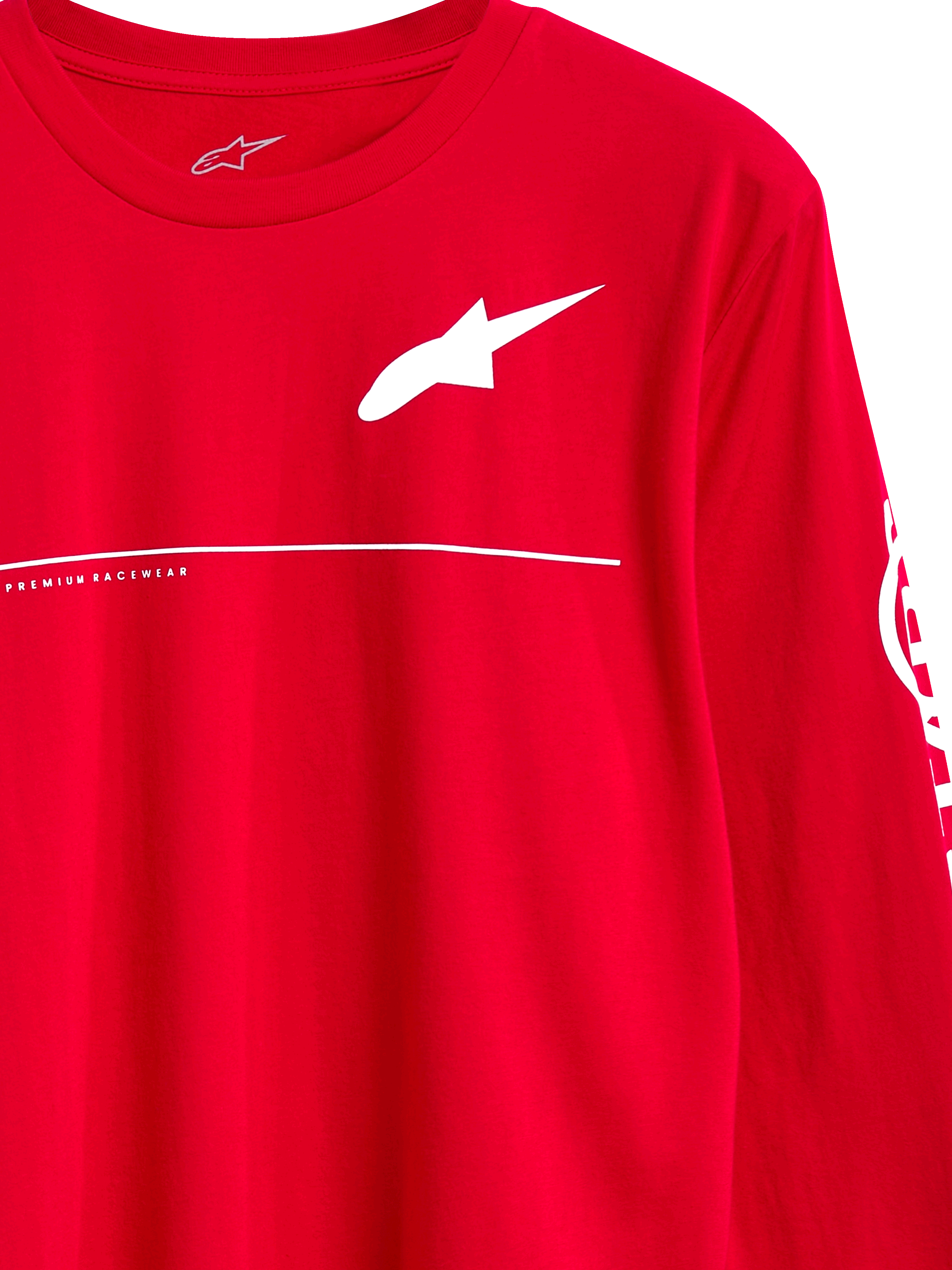 Alpinestars Committed CSF Tee, maglia a maniche lunghe, rosso, logo Astars bianco con scritta Premium Racewear e linea orizzontale, streetwear casual ispirato al motorsport
