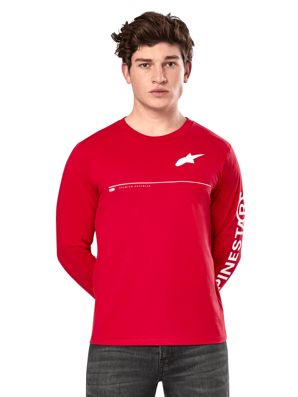 Alpinestars Committed CSF Long Sleeve Tee, rossa, indossata da un modello, con logo Astars bianco sul petto e grafica Alpinestars sulla manica, linea orizzontale bianca sul petto, streetwear casual ispirato al motorsport
