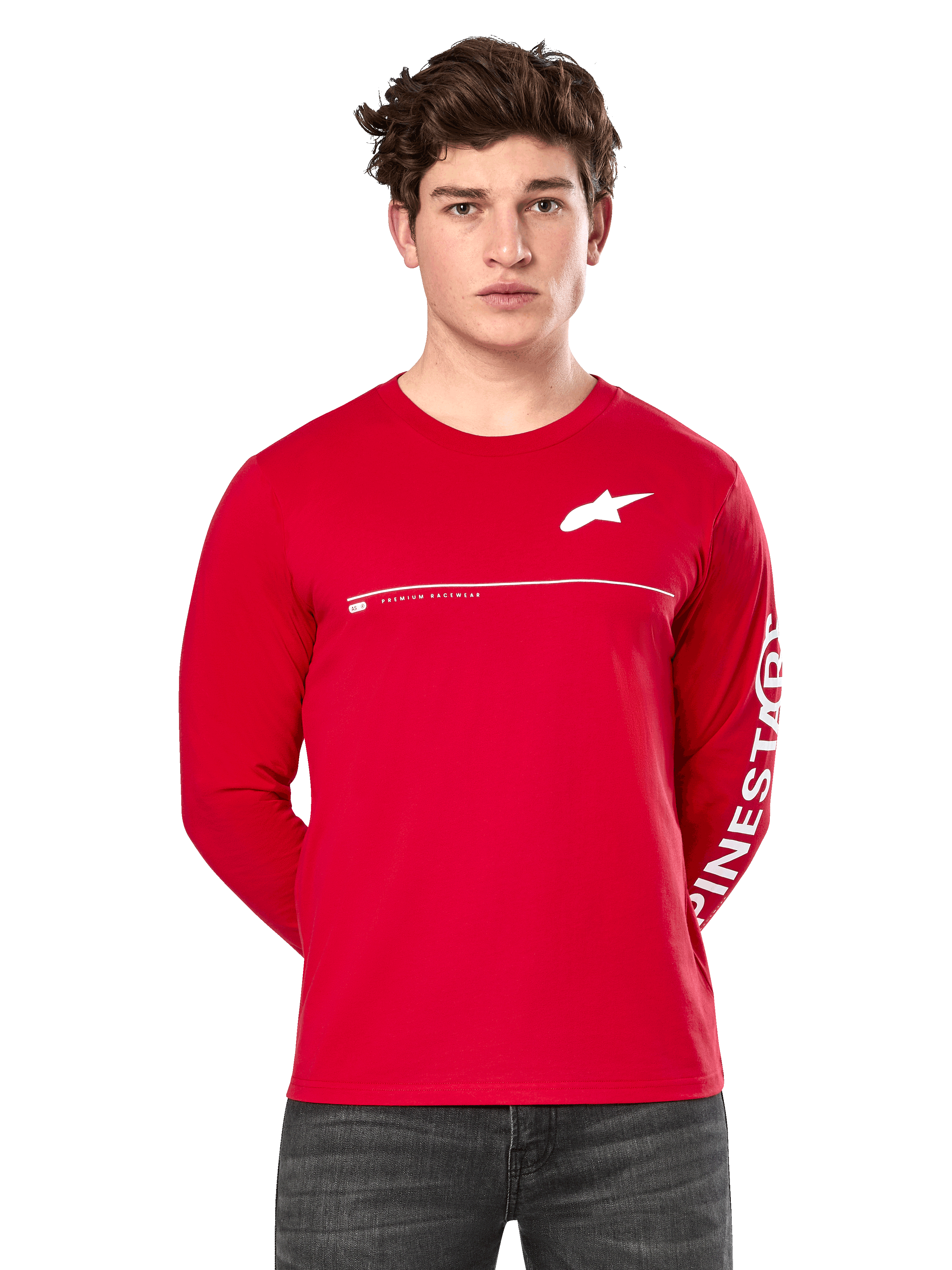 Alpinestars Committed CSF Long Sleeve Tee, rossa, indossata da un modello, con logo Astars bianco sul petto e grafica Alpinestars sulla manica, linea orizzontale bianca sul petto, streetwear casual ispirato al motorsport