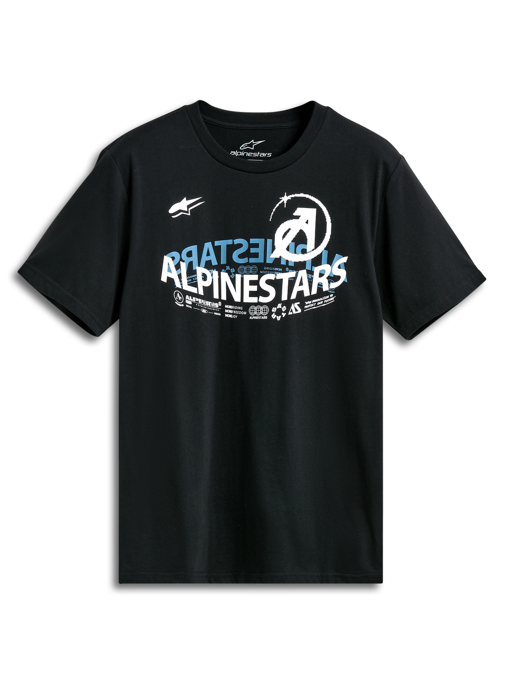 Alpinestars Semicircle Csf Tee, maglietta a maniche corte, nero, grafica frontale curva semicircolare Alpinestars con dettagli blu e bianchi, design casual ispirato al motorsport