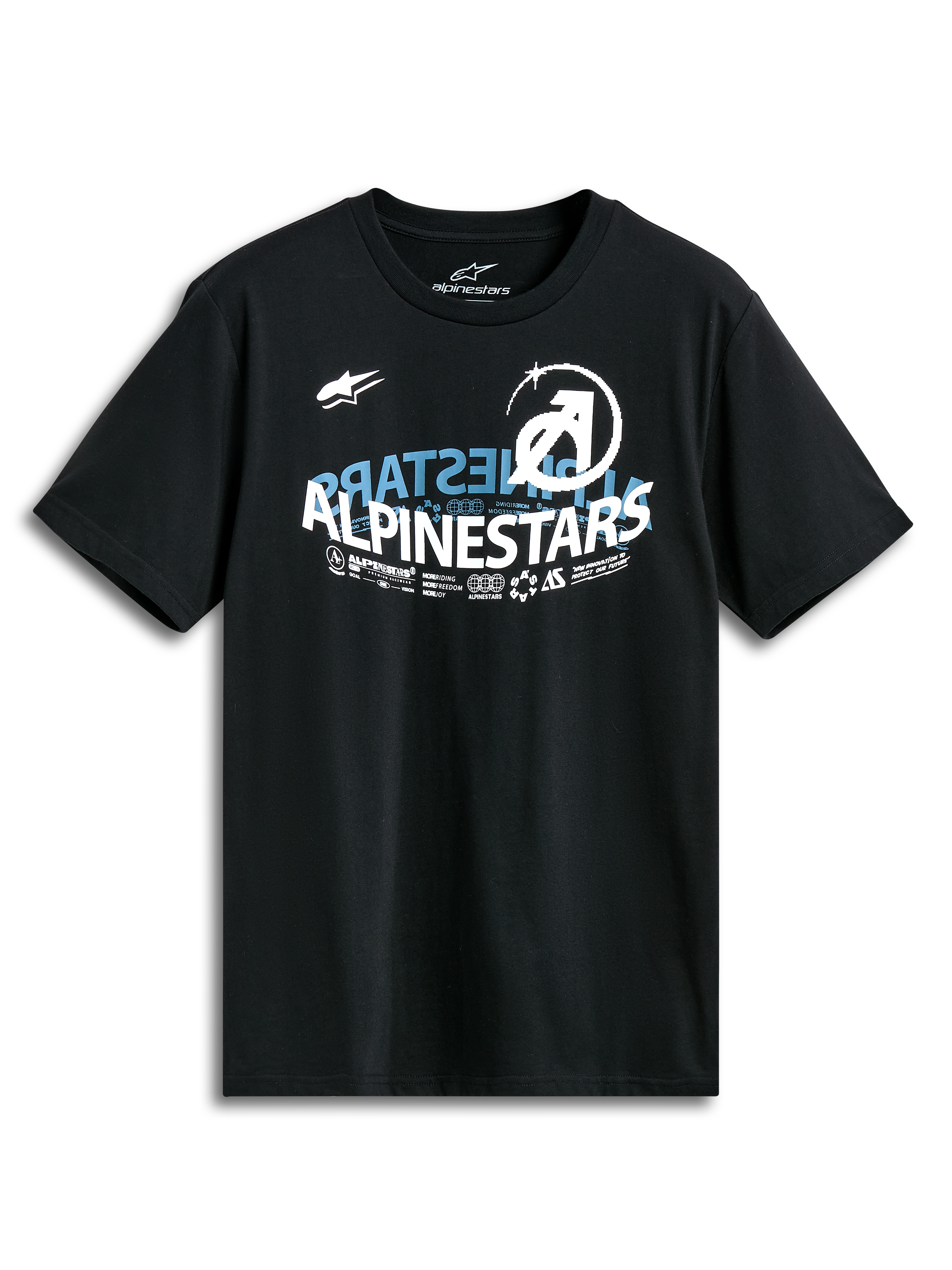 Alpinestars Semicircle Csf Tee, maglietta a maniche corte, nero, grafica frontale curva semicircolare Alpinestars con dettagli blu e bianchi, design casual ispirato al motorsport