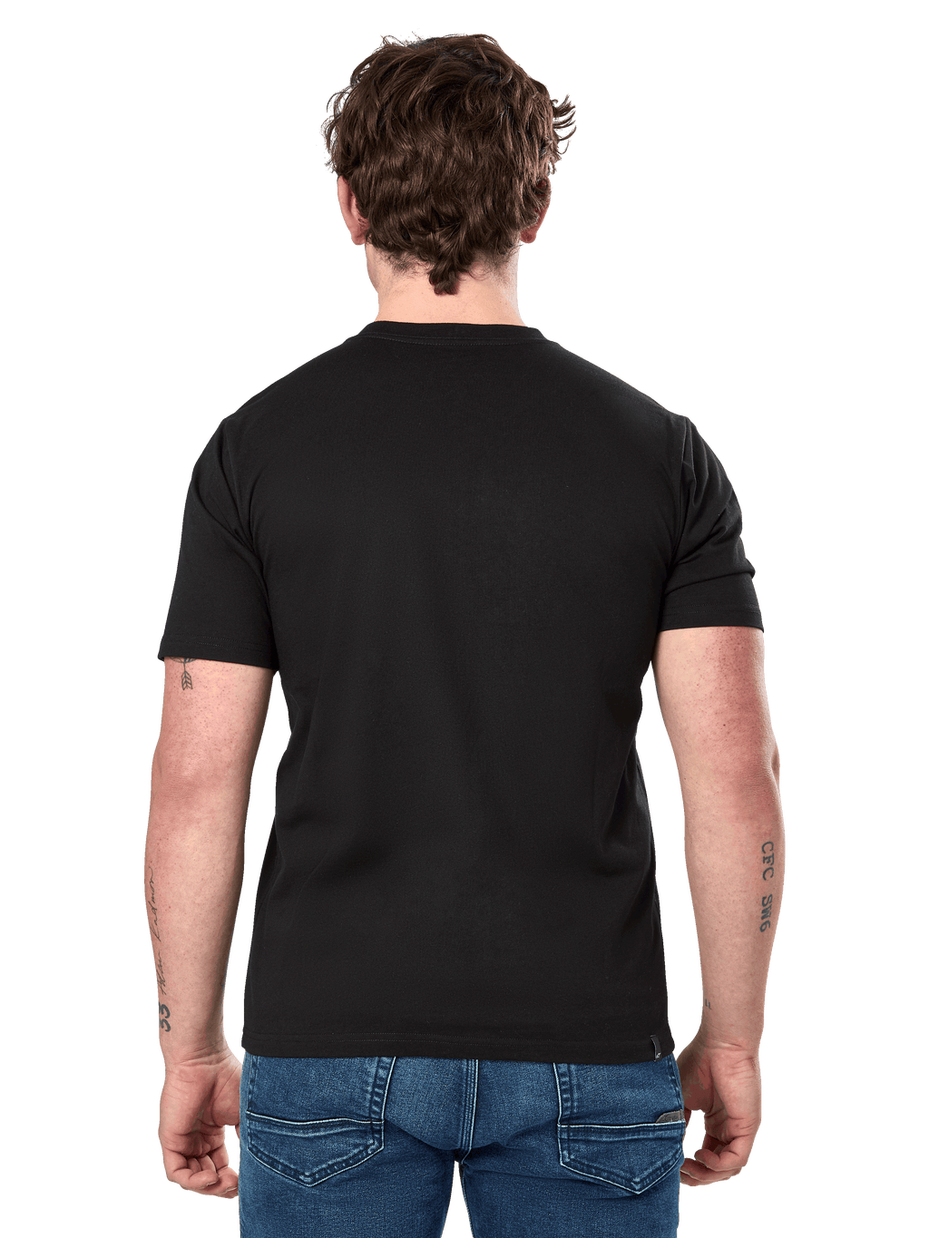 Maglietta Alpinestars Cereal CSF, T-shirt a maniche corte, nero, vista posteriore, indossata con jeans blu, streetwear casual ispirato al motorsport