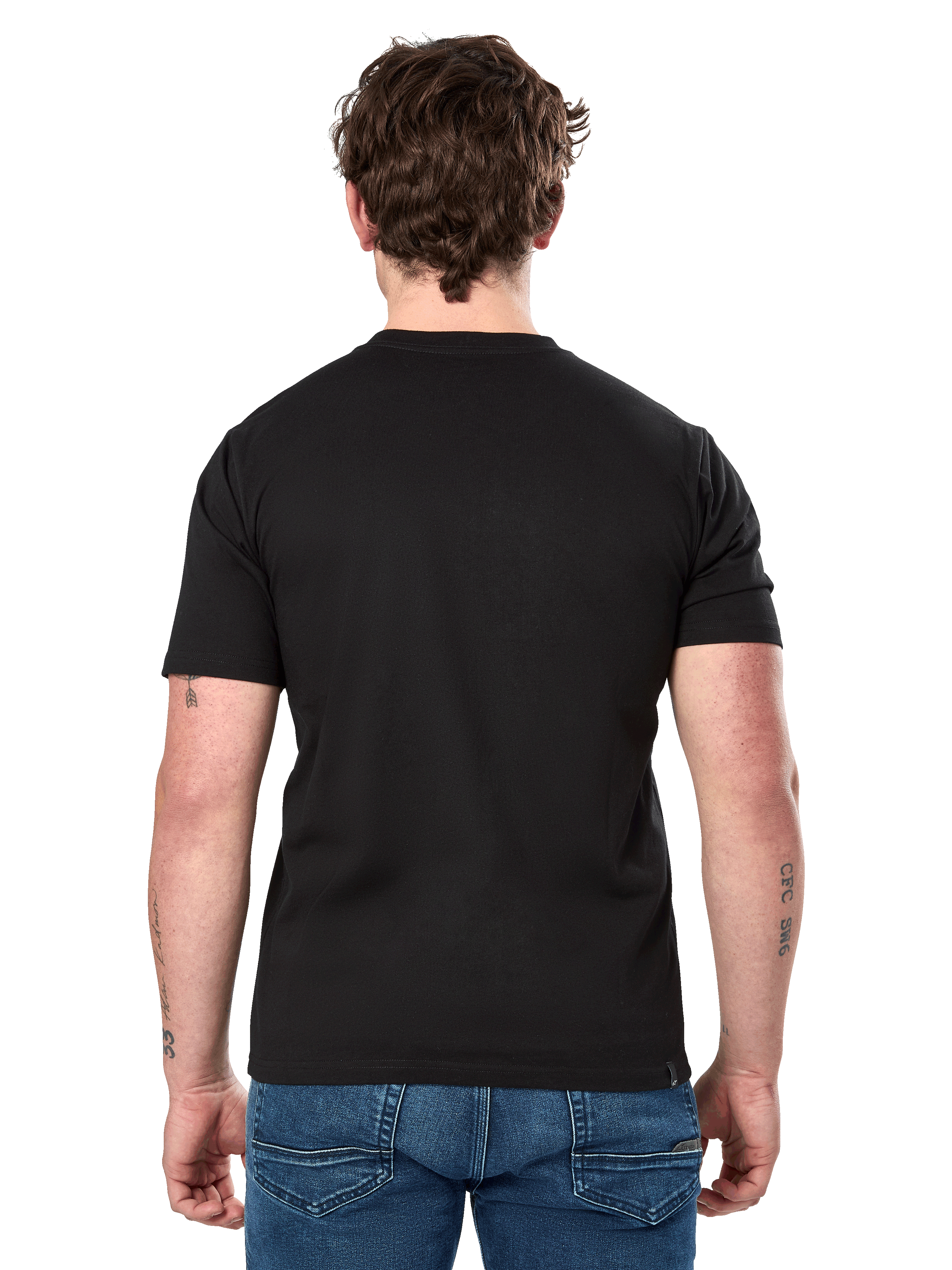 Maglietta Alpinestars Cereal CSF, T-shirt a maniche corte, nero, vista posteriore, indossata con jeans blu, streetwear casual ispirato al motorsport