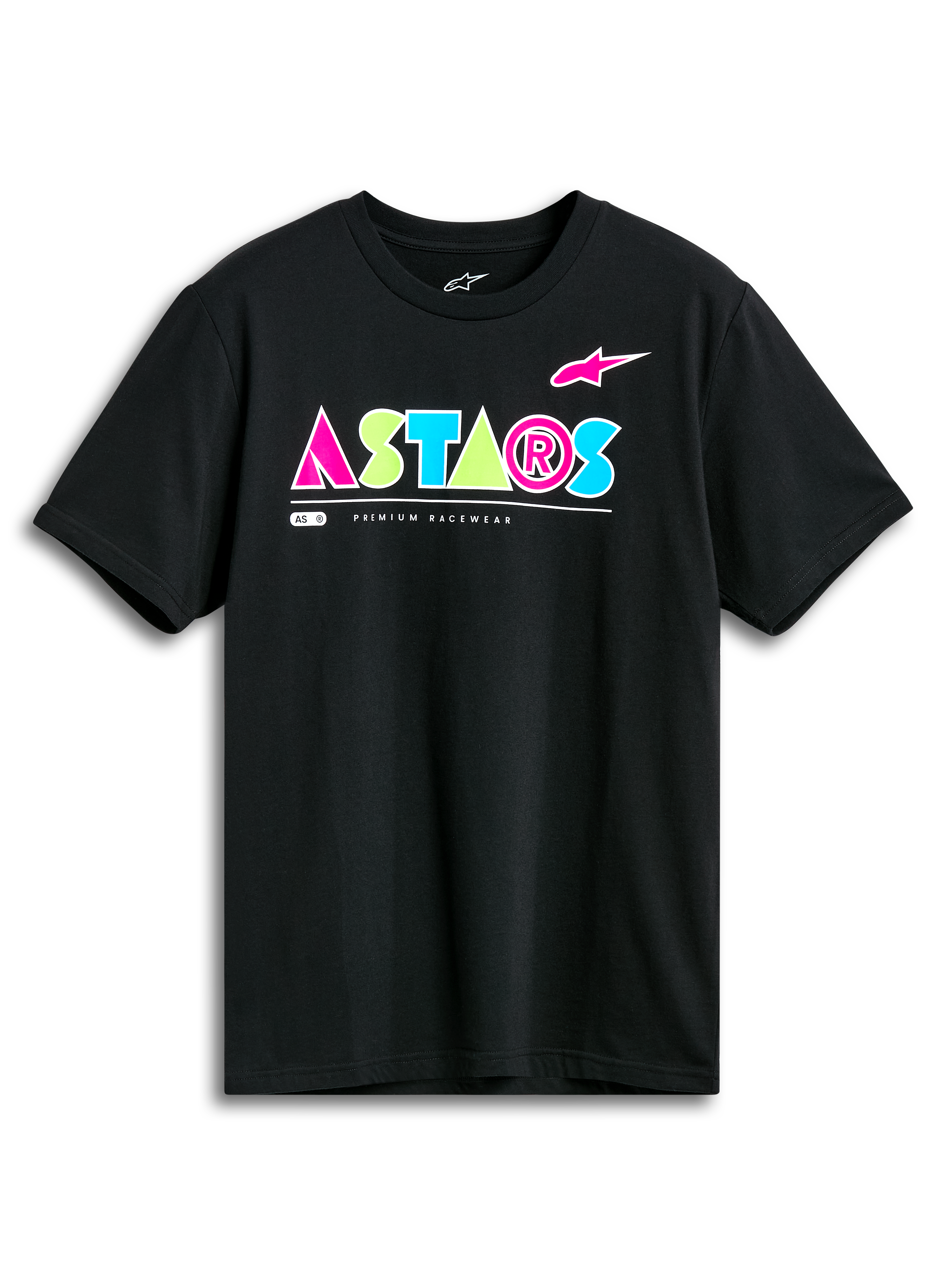 Alpinestars Cereal CSF Tee, maglietta a maniche corte, nero, logo ASTARS geometrico vivace in rosa, verde lime e azzurro, streetwear casual motorsport
