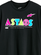 T-shirt Alpinestars Cereal CSF, maglietta a maniche corte, nero, logo geometrico ASTARS colorato con accenti rosa, verdi e blu, scritta Premium Racewear, abbigliamento casual motorsport