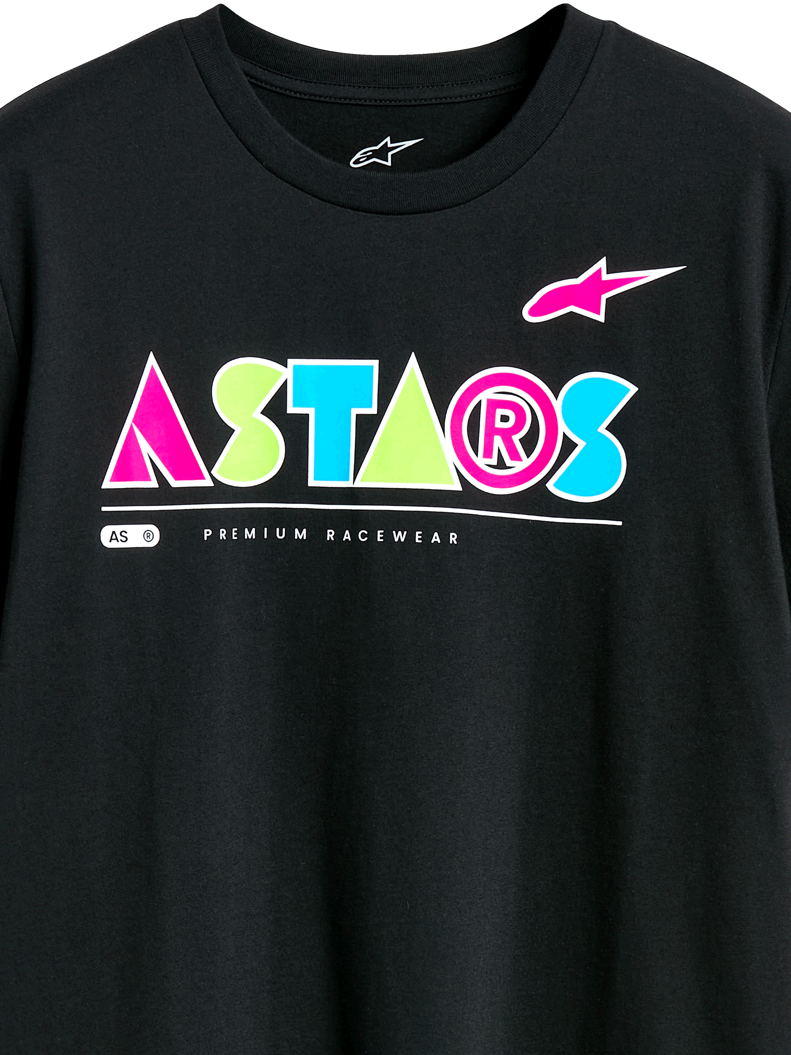 T-shirt Alpinestars Cereal CSF, maglietta a maniche corte, nero, logo geometrico ASTARS colorato con accenti rosa, verdi e blu, scritta Premium Racewear, abbigliamento casual motorsport