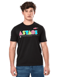 Alpinestars Cereal CSF Tee, t-shirt nera a maniche corte, indossata da un modello, logo ASTARS geometrico e colorato con scritta Premium Racewear, streetwear casual motorsport