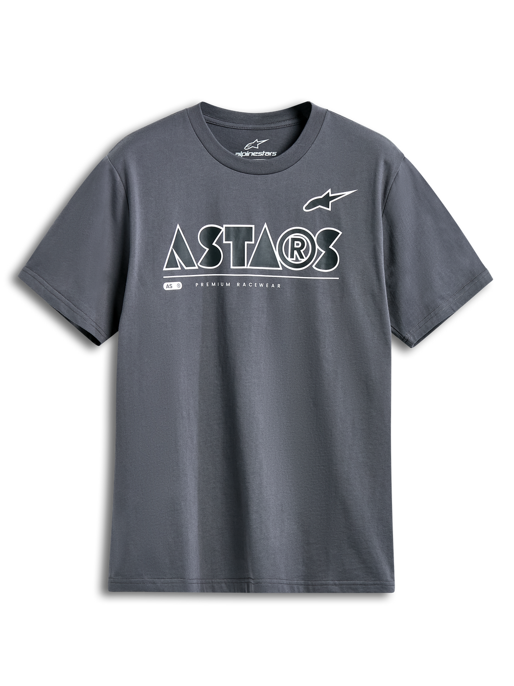 Alpinestars Maglietta Cereal CSF, t-shirt a maniche corte, antracite, logo ASTARS geometrico bianco con scritta Premium Racewear, abbigliamento casual streetwear motorsport