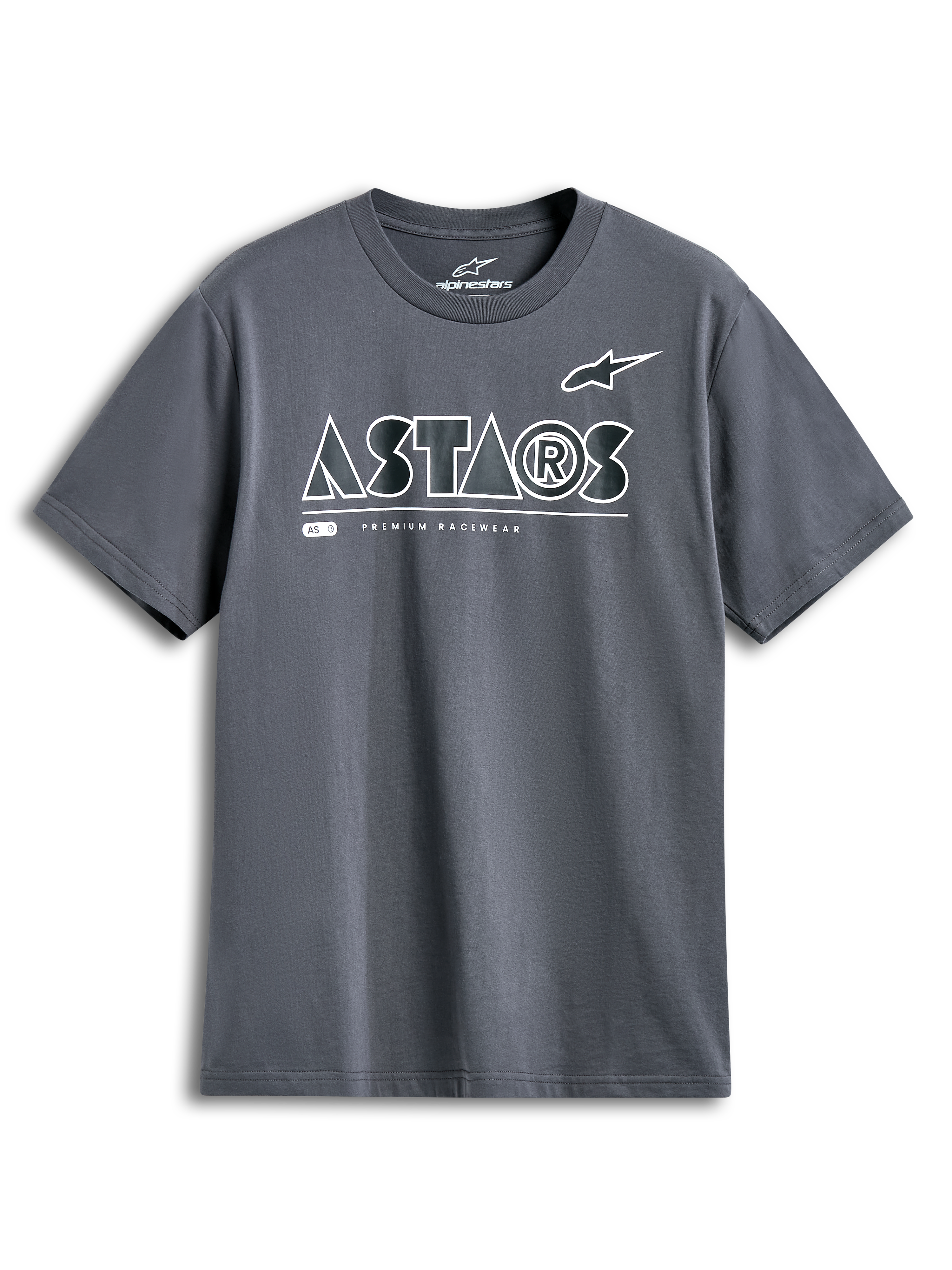 Alpinestars Maglietta Cereal CSF, t-shirt a maniche corte, antracite, logo ASTARS geometrico bianco con scritta Premium Racewear, abbigliamento casual streetwear motorsport