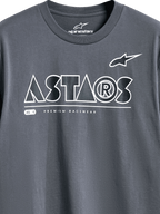 Alpinestars Cereal CSF Tee, maglietta a maniche corte, Charcoal, vista dettagliata della grafica frontale con logo testuale ASTARS geometrico bianco e scritta PREMIUM RACEWEAR, abbigliamento casual motorsport streetwear