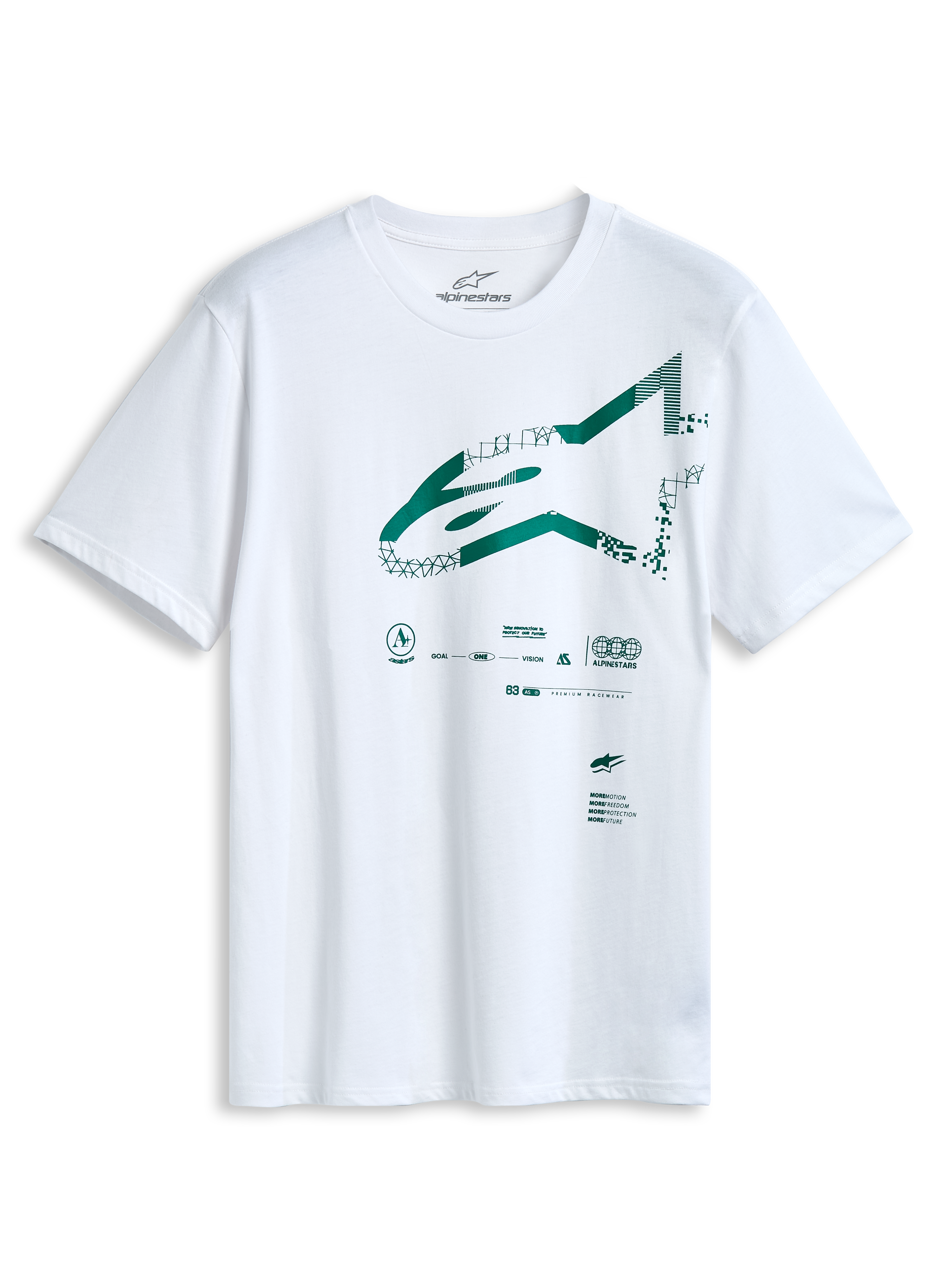 Alpinestars Geografica CSF Tee, t-shirt a maniche corte, bianca, logo Astars frontale verde con grafica multi-tech, abbigliamento sportivo casual motorsport