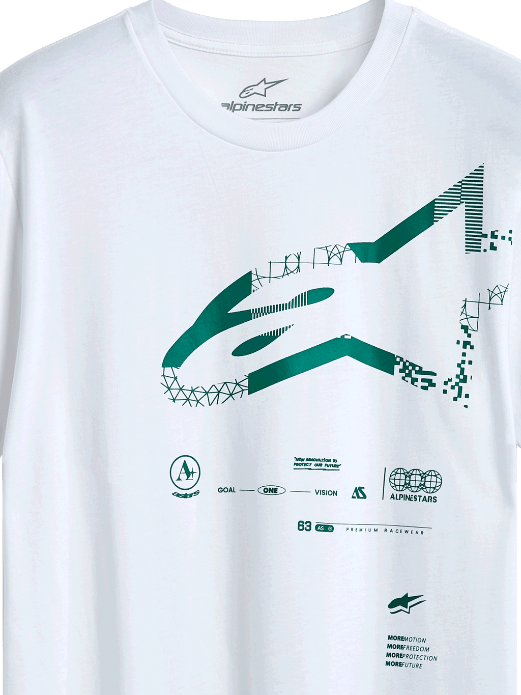 Alpinestars Geografica CSF Tee, maglietta a maniche corte, bianca, logo Astars verde multi-tech con grafiche geometriche e pixelate, abbigliamento casual motorsport streetwear