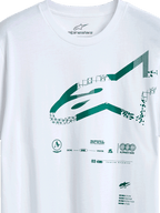 Alpinestars Geografica CSF Tee, maglietta a maniche corte, bianca, logo Astars verde multi-tech con grafiche geometriche e pixelate, abbigliamento casual motorsport streetwear