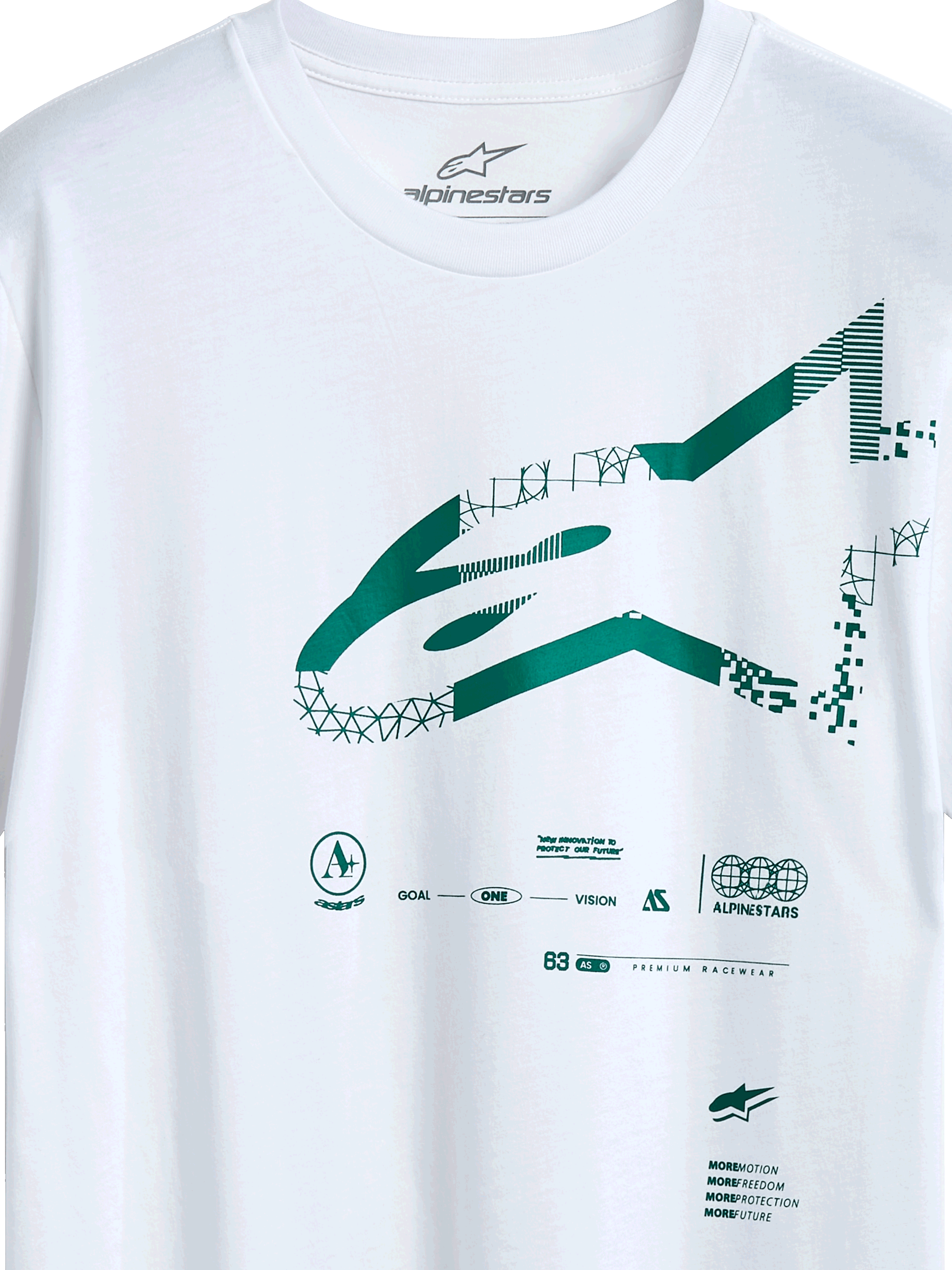 Alpinestars Geografica CSF Tee, maglietta a maniche corte, bianca, logo Astars verde multi-tech con grafiche geometriche e pixelate, abbigliamento casual motorsport streetwear