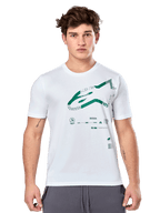 Alpinestars Geografica CSF Tee, maglietta a maniche corte bianca con grafica Astars multi-tech verde e simboli tecnici, abbigliamento sportivo casual da motorsport