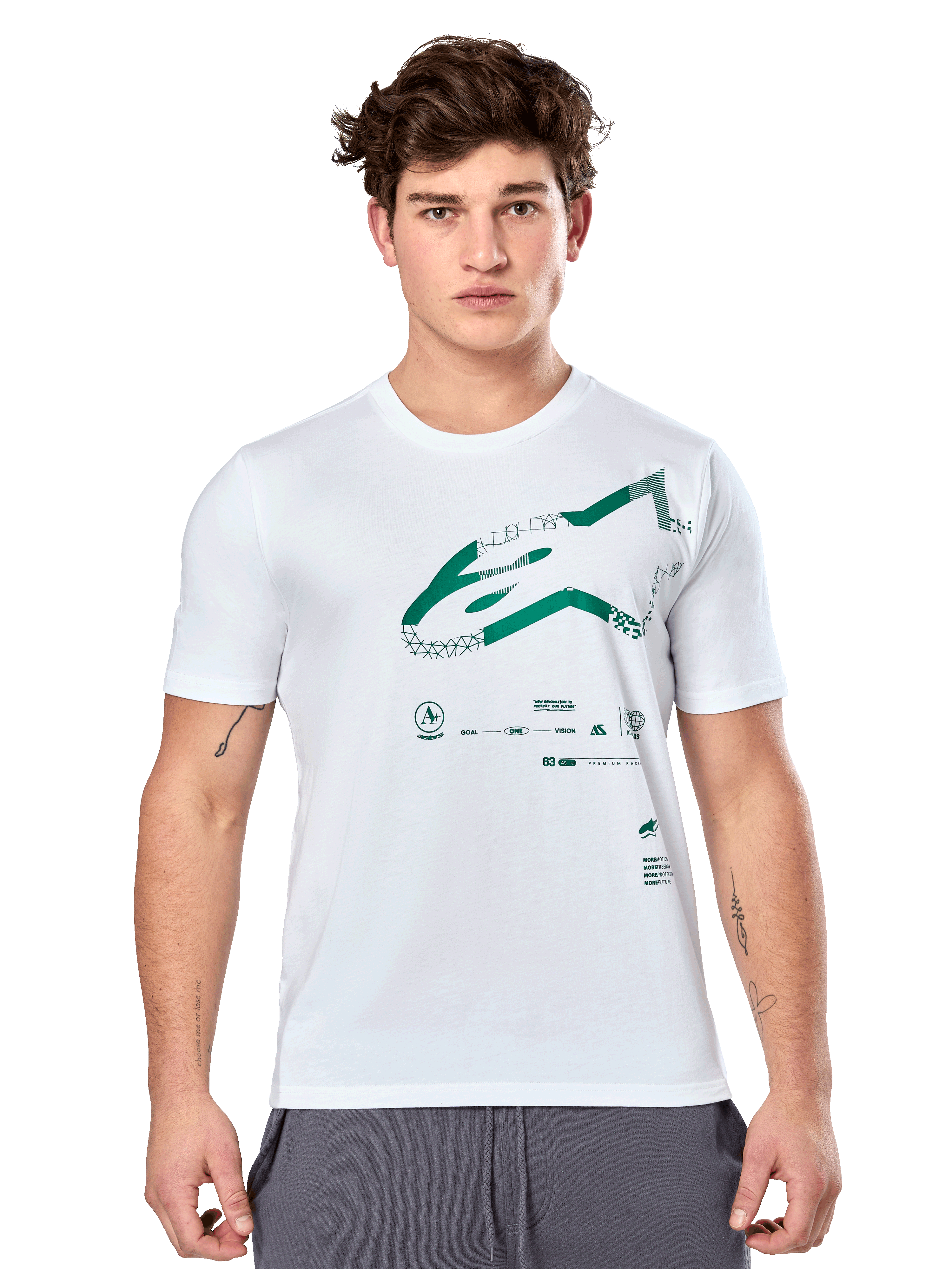 Alpinestars Geografica CSF Tee, maglietta a maniche corte bianca con grafica Astars multi-tech verde e simboli tecnici, abbigliamento sportivo casual da motorsport