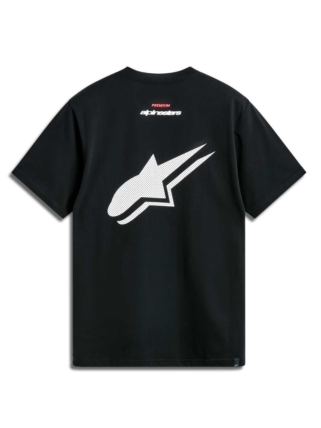 Alpinestars Formulate Csf Tee, maglietta a maniche corte, nero, vista posteriore con grande logo Astars bianco traforato e scritte rosse e bianche, abbigliamento casual motorsport streetwear